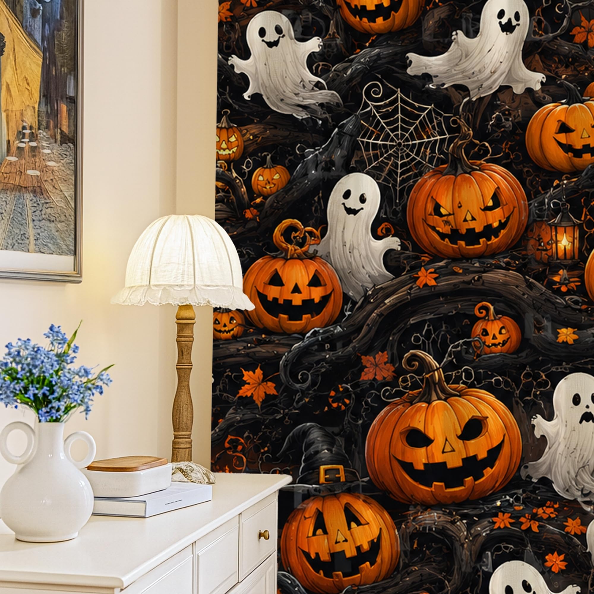 Rideaux occultants 132 x 213 cm orange motif château fantastique saisonnier
