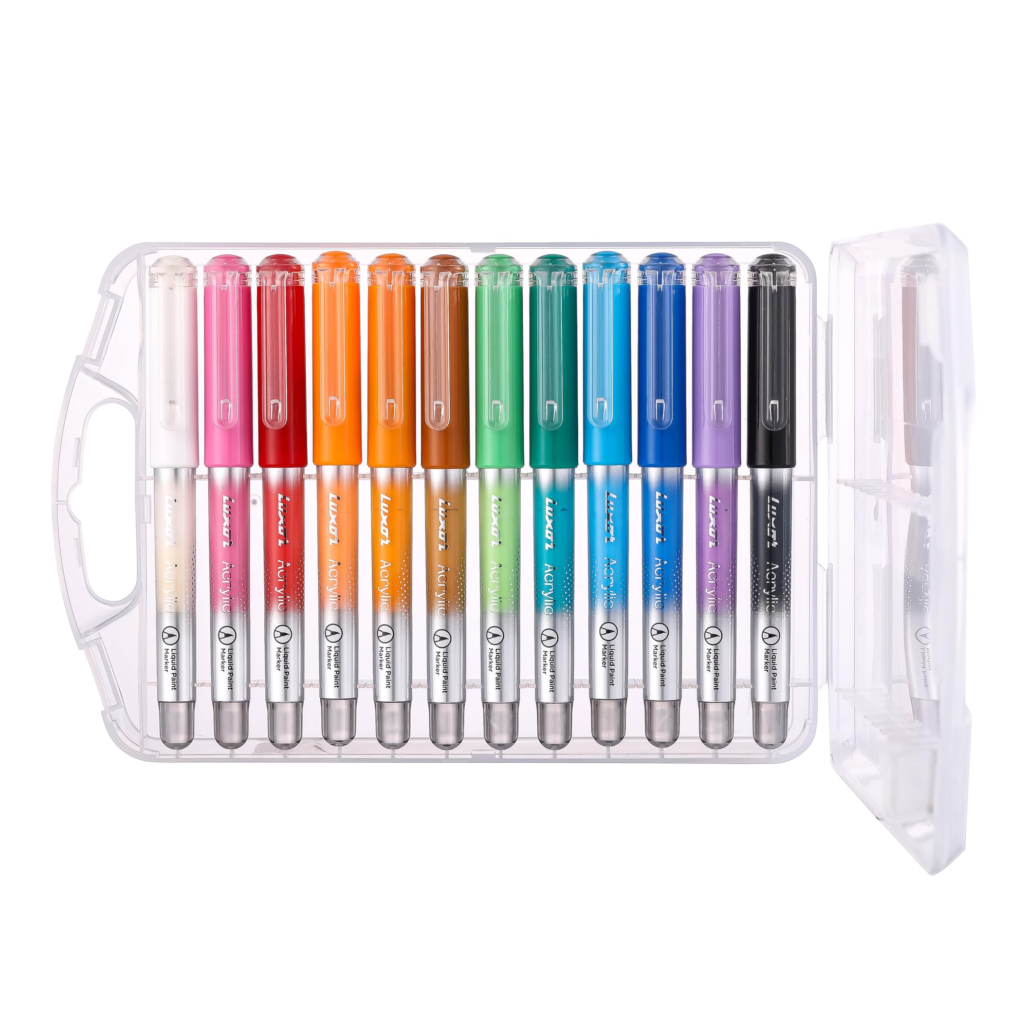Luxor Acrylfarben-Marker, Set mit 12 Farben, flexible Pinselspitze, Tinte auf Wasserbasis, sicher und ungiftig, für Steinmalerei, Stoff, Holz, Handwerk, Keramik und Leinwand