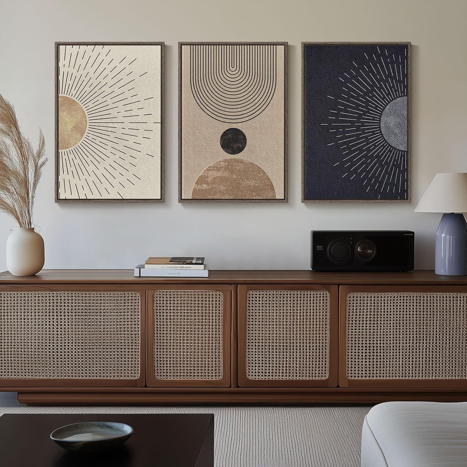 lianyibo Large Boho Neutral Abstract Wall Art Black Beige Sun and Moon Paintings Prints for Living Room Hallway Office Decor(60x90cmx3/Frameless)