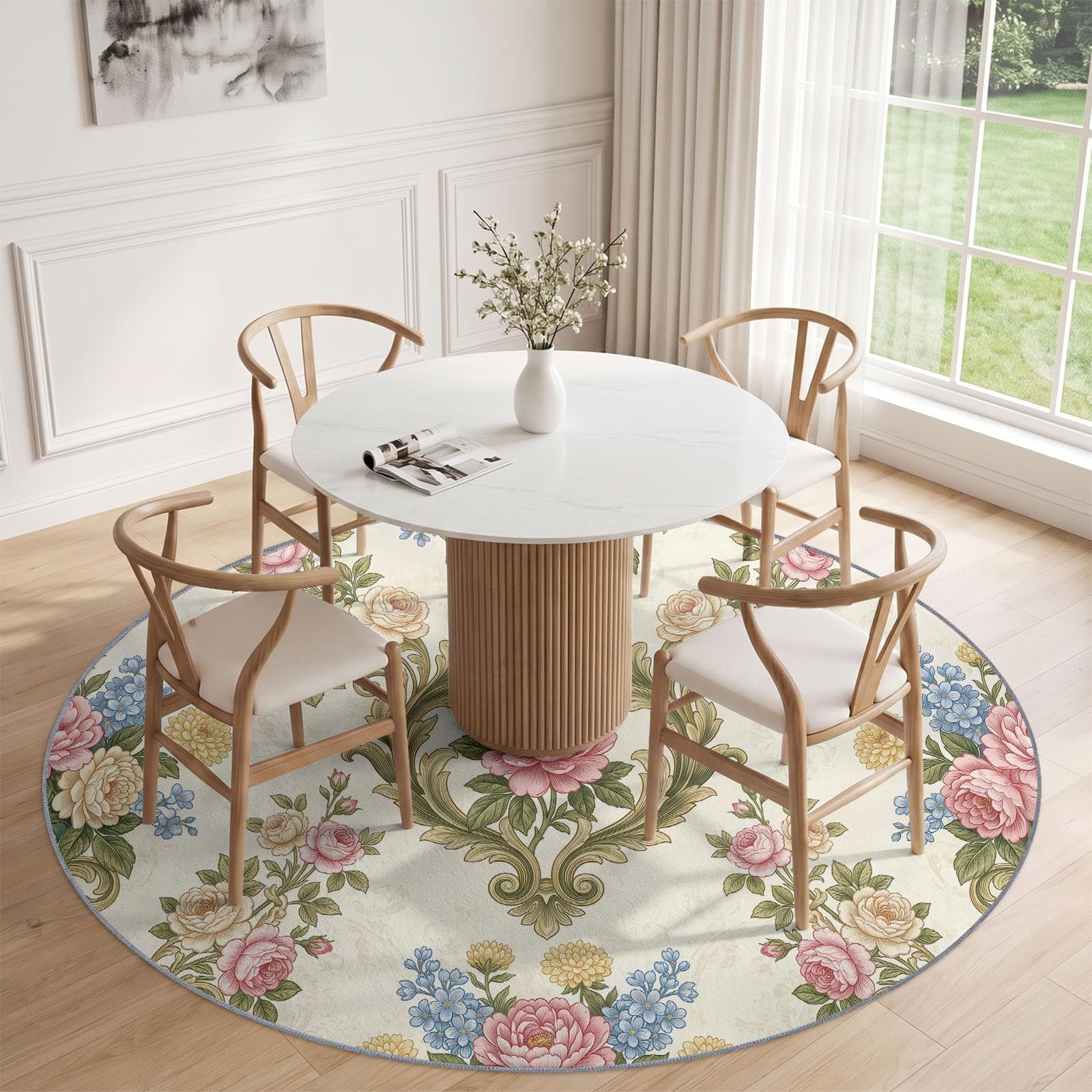 Teppich Rund 100 cm Vintage Französisch, Beige Waschbarer Teppiche