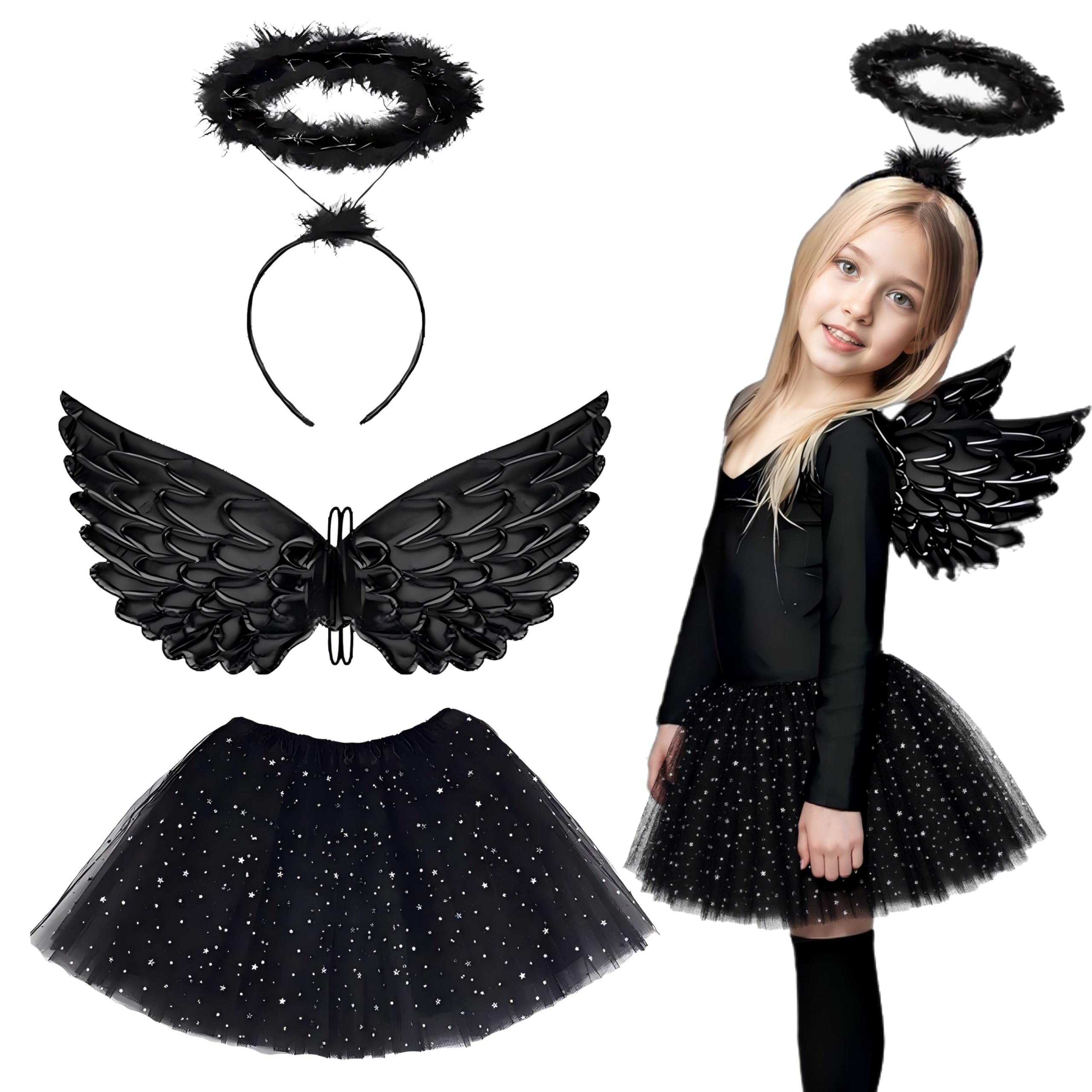 Gibocot 3PCS Girls Fallen Angel Costume Set with Black Tutu Skirt, Dark Angel Wings & Halo, Halloween Fancy Dress Outfit for 3-8y Kids Trick or Treat Cosplay Carnival Nativity Book Day