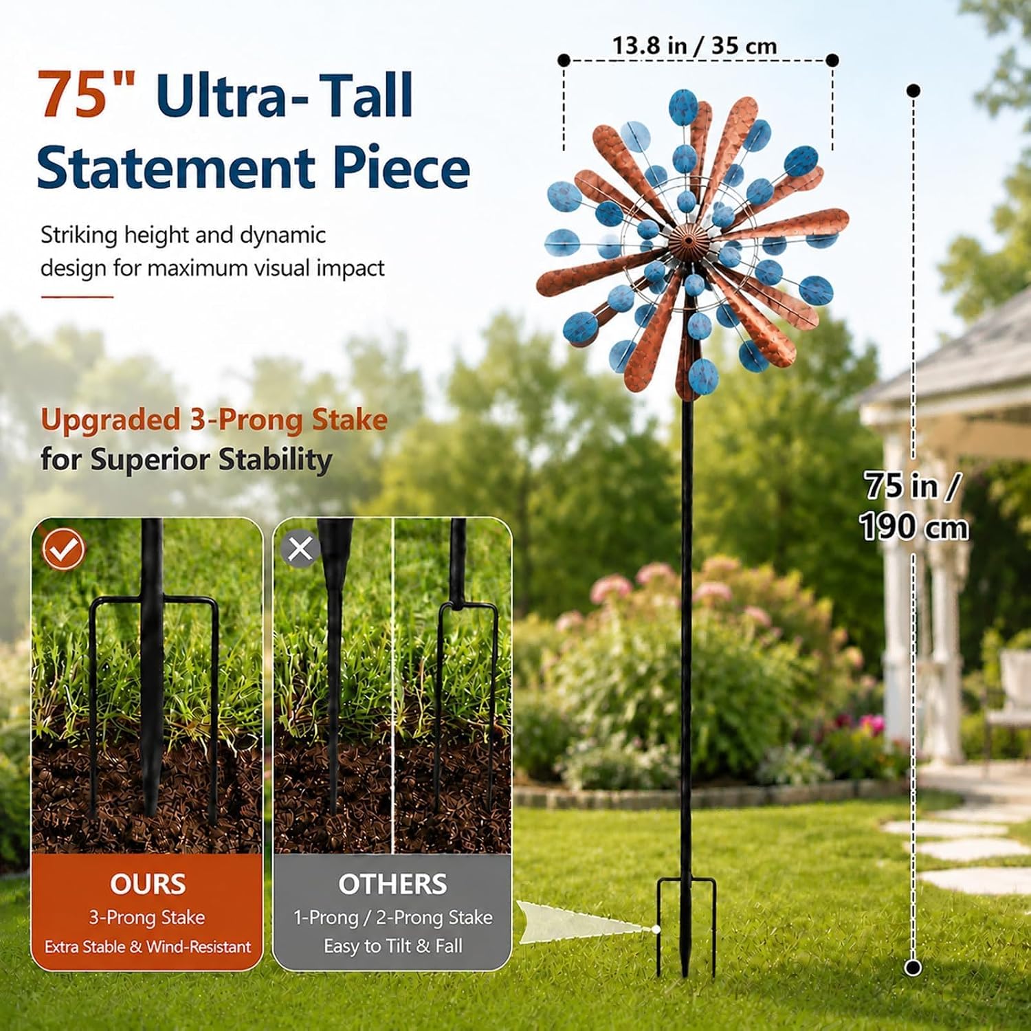 75in Metal Wind Spinner with Solar Light Outdoor Garden Yard Art Decor