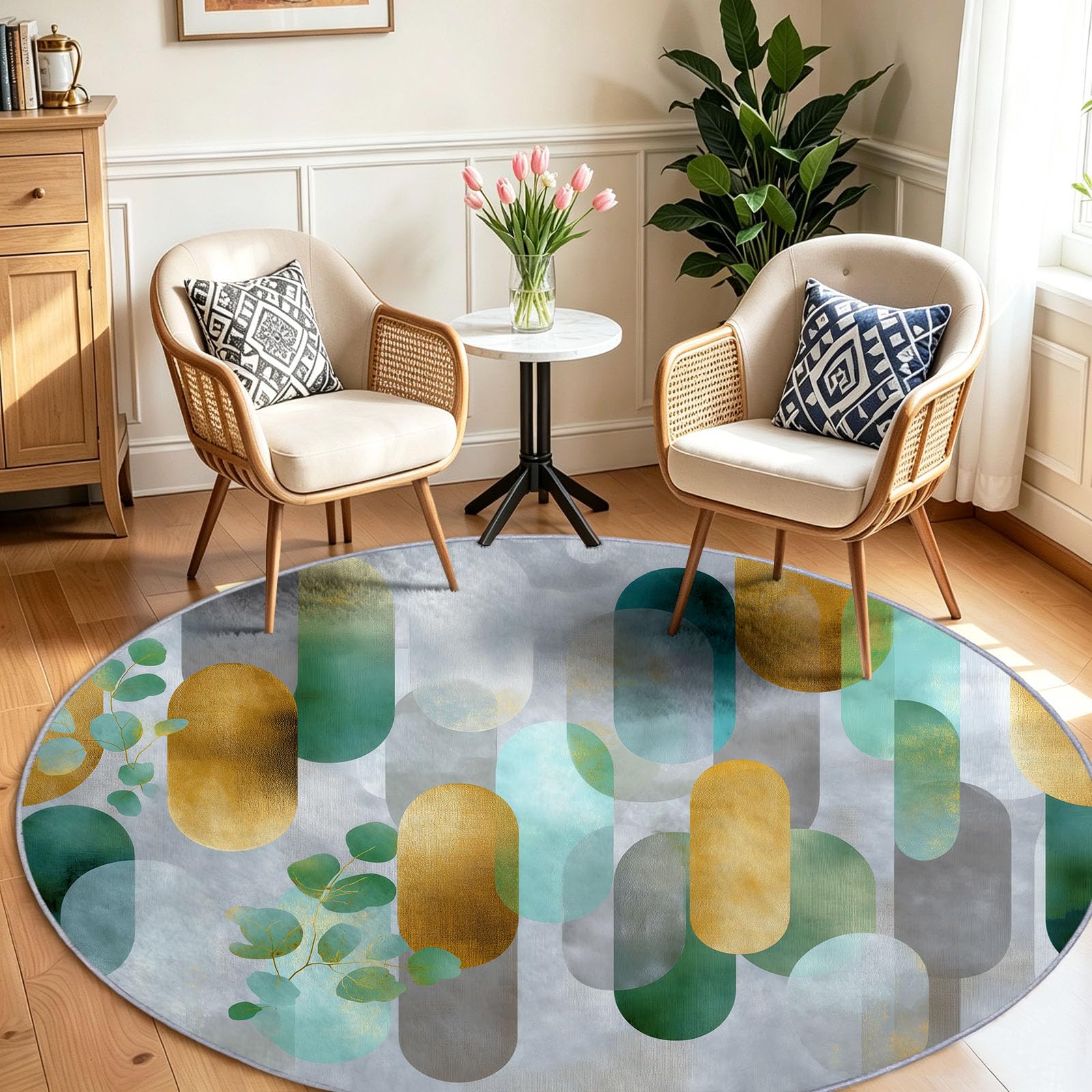 Tapis Rond Salon 160 cm Lavable en Machine, Motif Ovales Contemporains