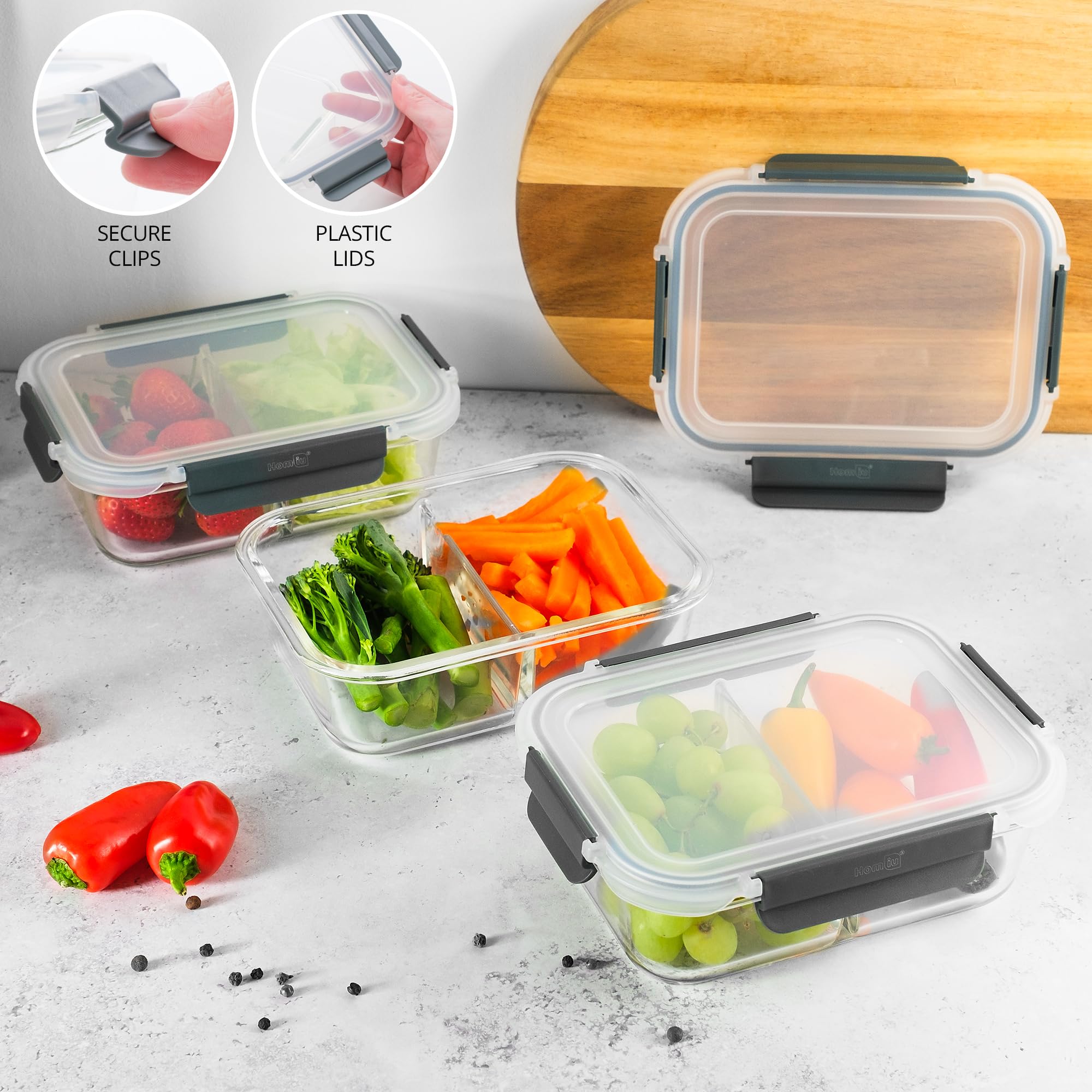 Homiu Recipientes de vidrio para alimentos con tapas, recipientes herméticos de vidrio para preparación de comidas, sin BPA, a prueba de fugas, reutilizable, aptos para microondas, congelador y horno
