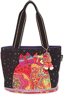 Laurel Burch Women Festive Feline Cotton Canvas Medium Tote Style Handbag Purse Bag