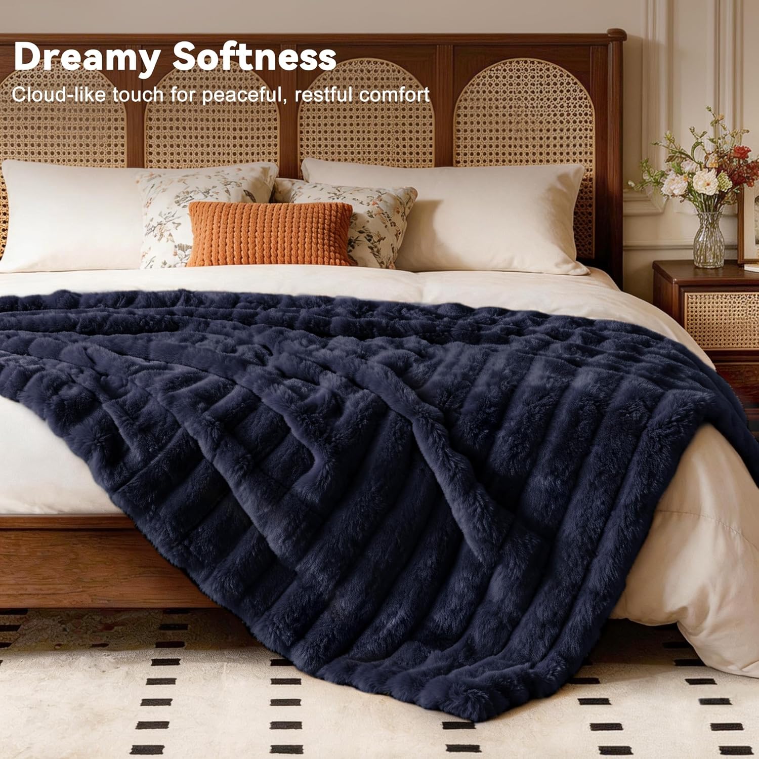 Faux Fur Throw Blanket for Couch, 850GSM Cozy Soft Plush Thick Striped Luxury Blanket for Sofa Living Room Bedroom,50 * 60 Inches, Navy Blue