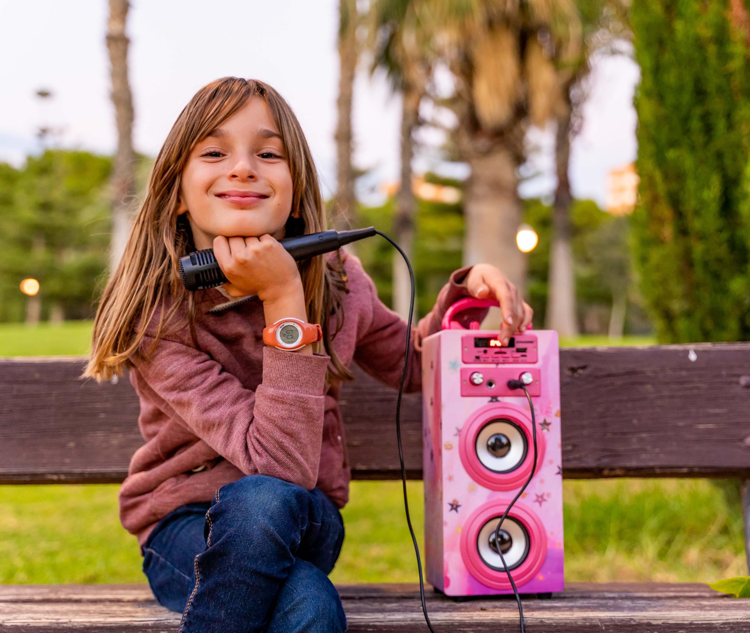 Dynasonic Karaoke Altavoz Bluetooth Portatil, 2 Micrófonos, USB/SD/AUX, Luces LED, Batería Recargable. Regalo para niños, comunión, cumpleaños y Fiestas