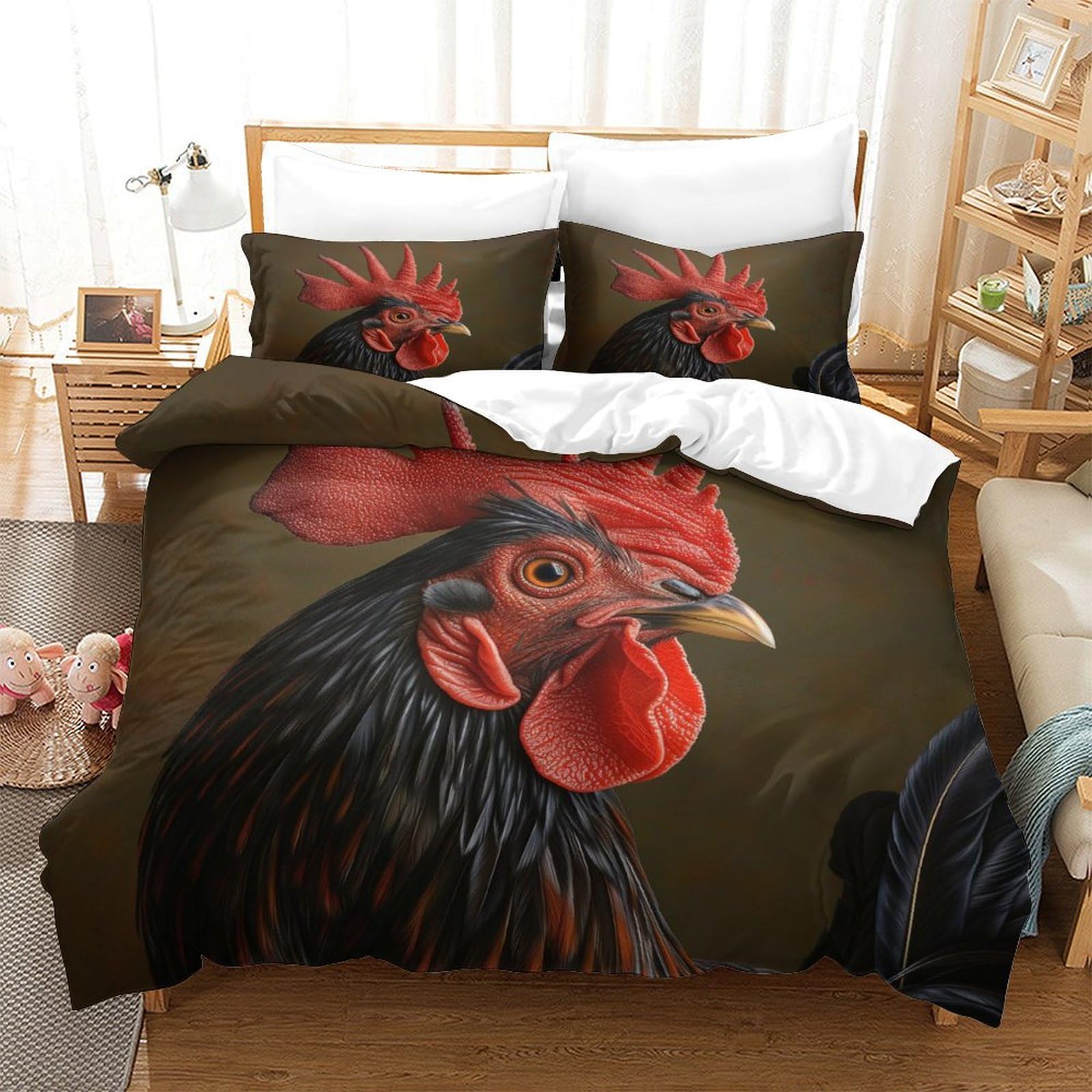 P1s9u7w5y Gallic Rooster-3 3D Printed Rooster Animal 3Pcs Microfiber Duvet Cover Set Barnyard Rooster Bedding Set King（220X240cm）