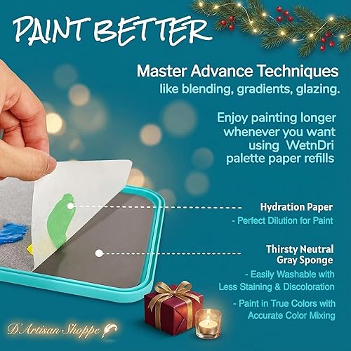 Miniatura 6 de Papel de paleta WetNDri para pintura acrílica. 50 paletas de papel de pintura desechables y 2 esponjas húmedas grises adecuadas para paletas húmedas