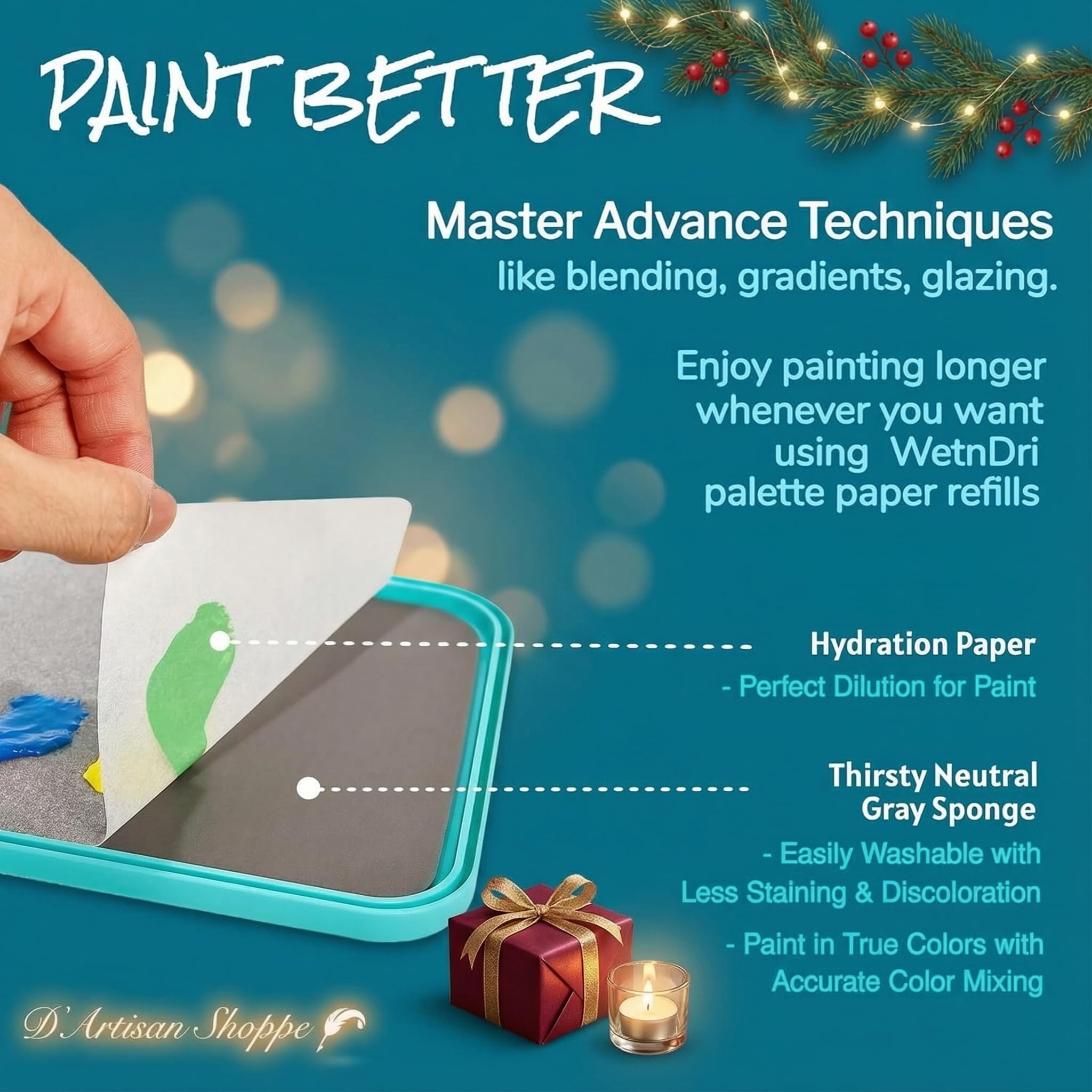 WetNDri - Paleta de papel para pintura acrílica. 50 papeles desechables para paleta de pintura y 2 esponjas húmedas grises adecuadas para paleta de pintura acrílica
