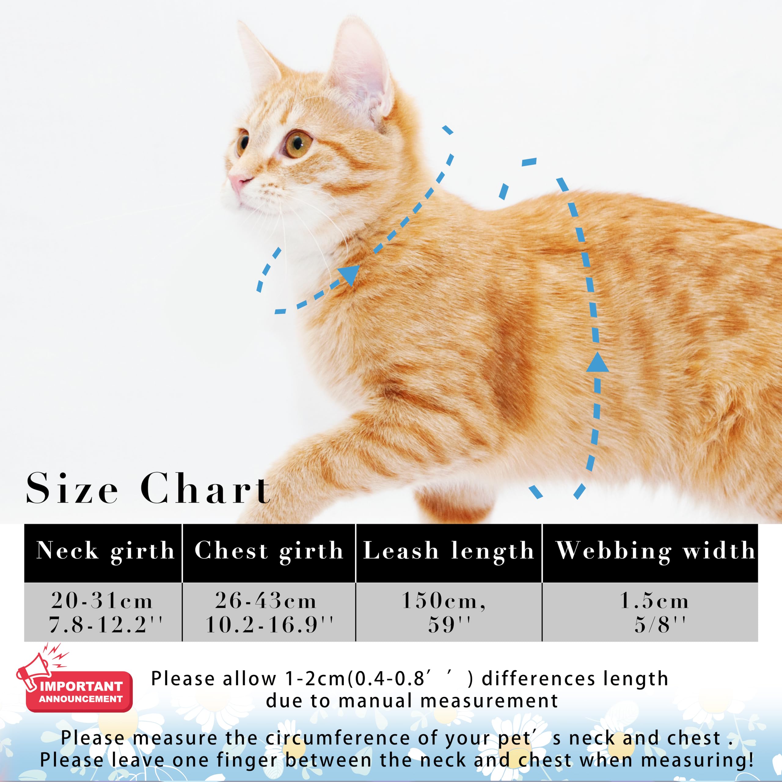 Seyezo Ensemble Harnais et Laisse pour Chat, Harnais réglable Anti-Fugue pour Chats, Harnais Doux et léger pour la Promenade et Les Voyages pour Chats de Petite et Moyenne Taille, Marguerite Bleue