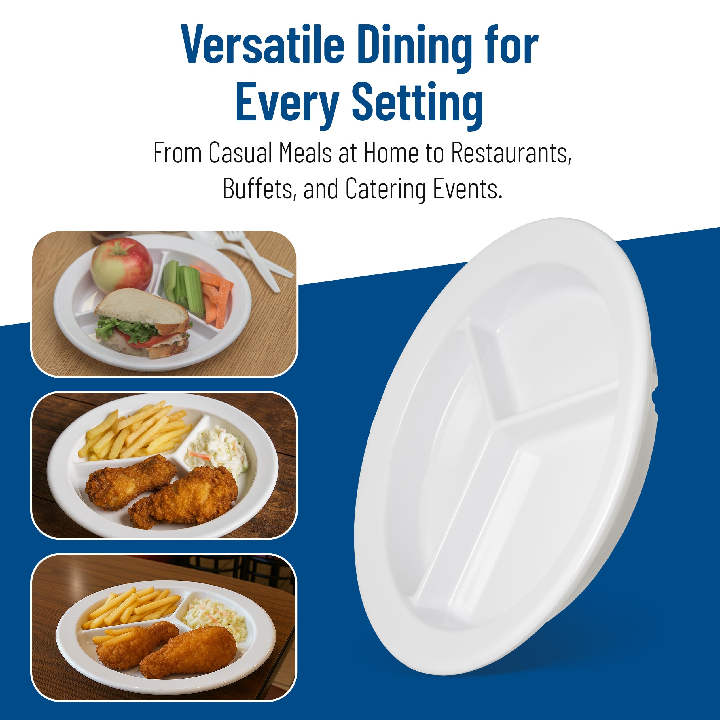 Carlisle FoodService Products Dallas Ware Lot de 24 assiettes divisées en plastique réutilisables avec 3 compartiments pour hôpitaux, écoles et maison, mélamine, 22,9 cm, blanc, taille M