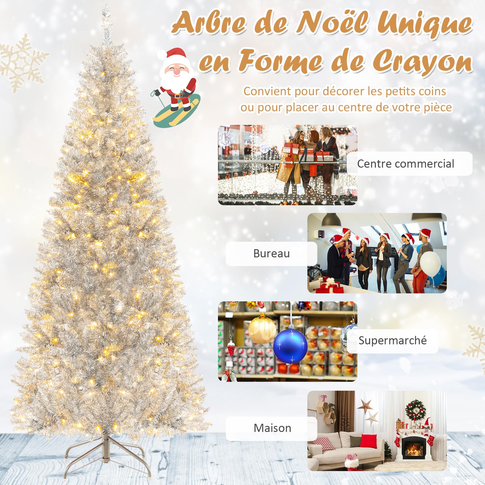 COSTWAY Sapin de Noël Artificiel Argenté Pré-éclairé de 180 cm, 790 Pointes de Branches, 300 Lumières LED Blanc Chaud, Support en Métal Pliable, Charnière, pour Bureau, Maison