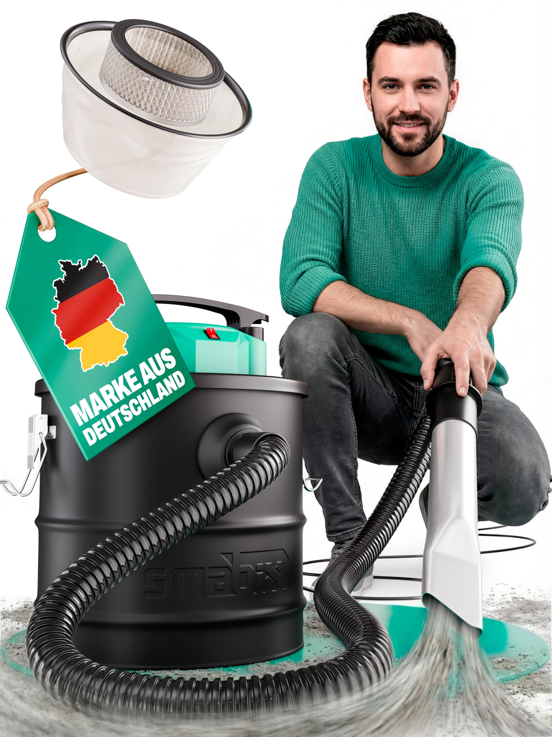 Smabix® Aschesauger, 18L Tankvolumen, 1200 W Leistung, inkl. HEPA-Filter und Staubfilter, Aschesauger für Kamin, Pelletofen, Feuerschalen u.v.m.