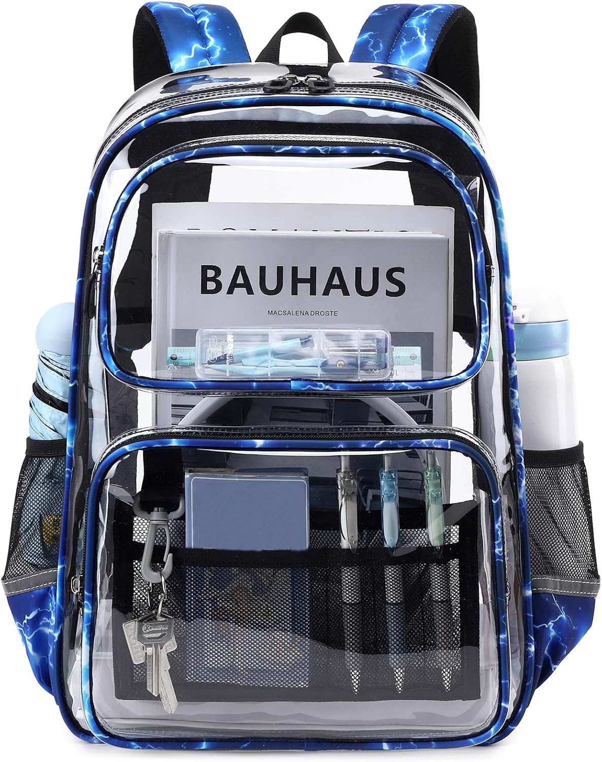 Sisipoet Clear Backpack for Boys with Lightning Print, Heavy Duty Transparent Bookbag for School, Stadium, and Concert, Blue