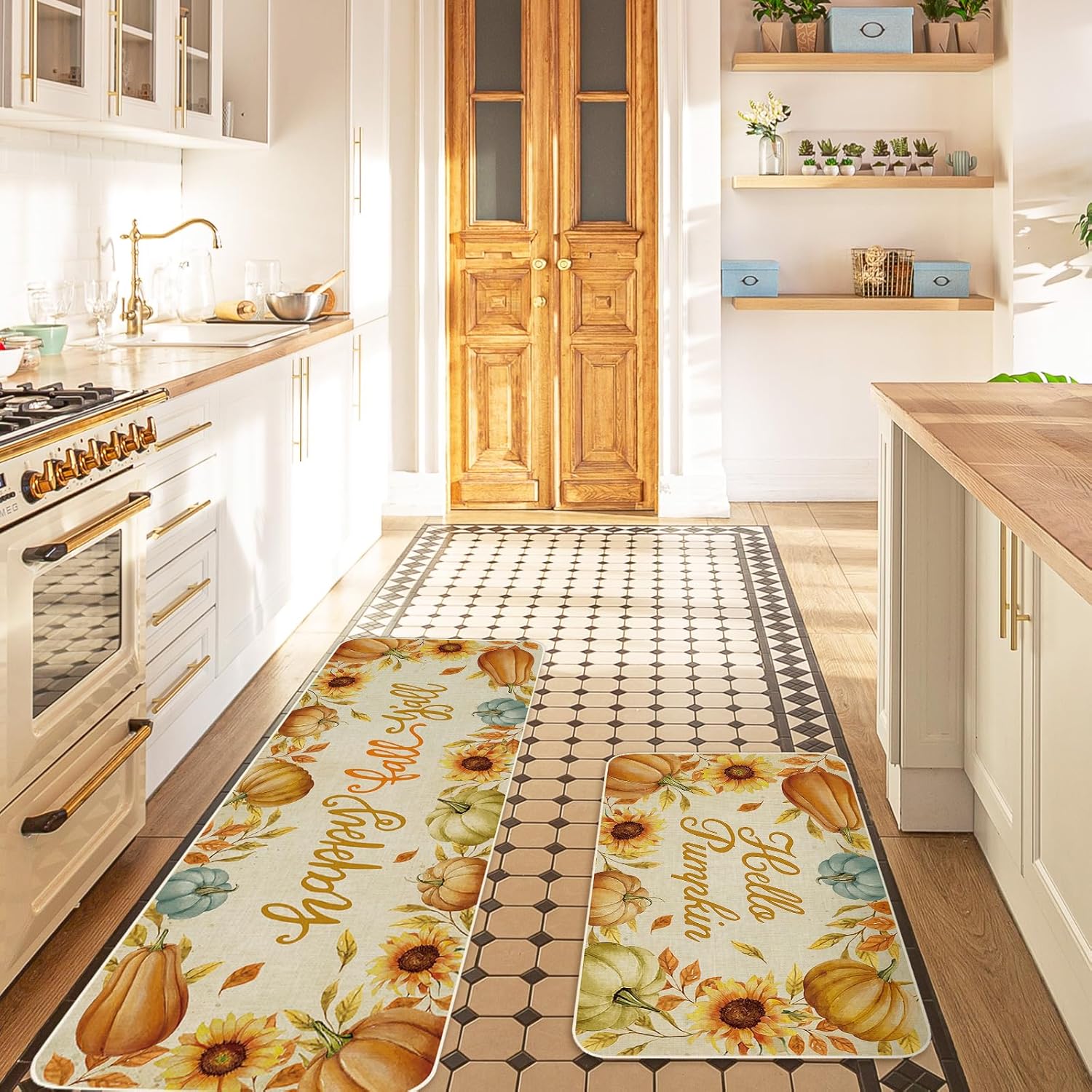 JarThenaAMCS 2Pcs Fall Kitchen Mats Pumpkin Sunflower Welcome Floor Mat Non-Slip Door Rugs for Autumn Harvest Thanksgiving Indoor Outdoor Bathroom, 17 x 29 Inch & 17 x 47 Inch