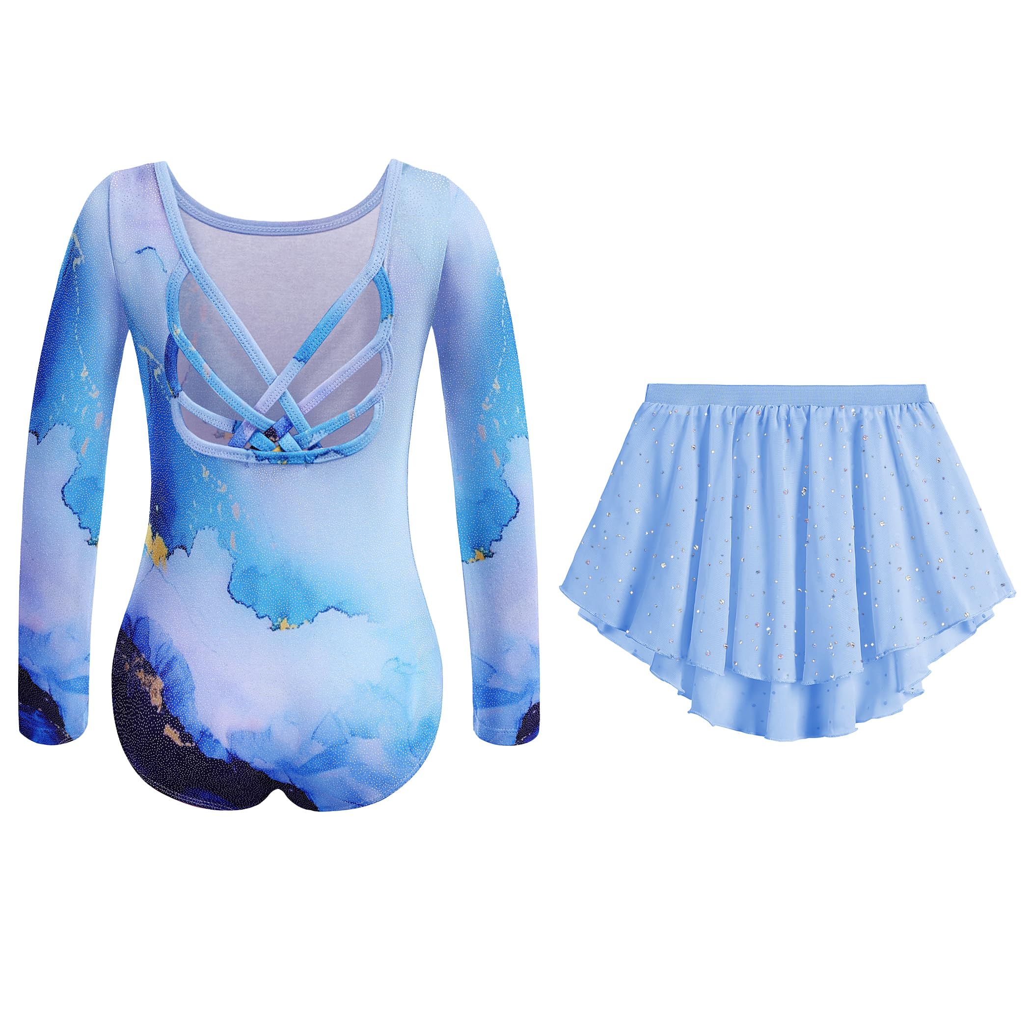 Gymnastics Leotards for Girls Long Sleeve Crisscross Back Ballet Dance Outfit with Removable Skirt Combo