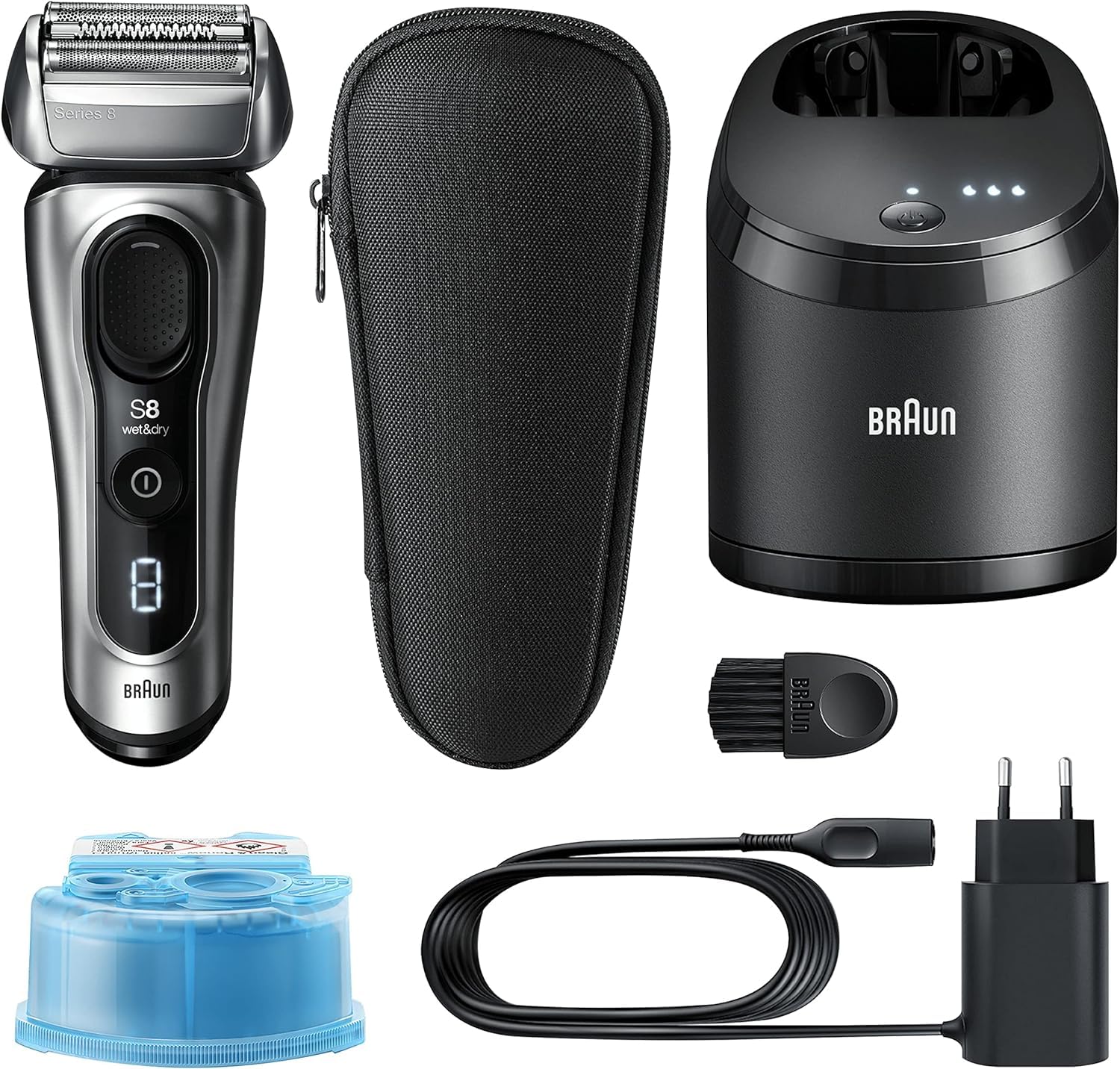Braun Series 8 Afeitadora Eléctrica Hombre, Máquina de Afeitar Barba con Recortadora de Precisión, Tecnología Sónica, Cabezal de 40° y 3en1, Centro de Limpieza, Recargable, Inalámbrica, 8467 CC, Negro