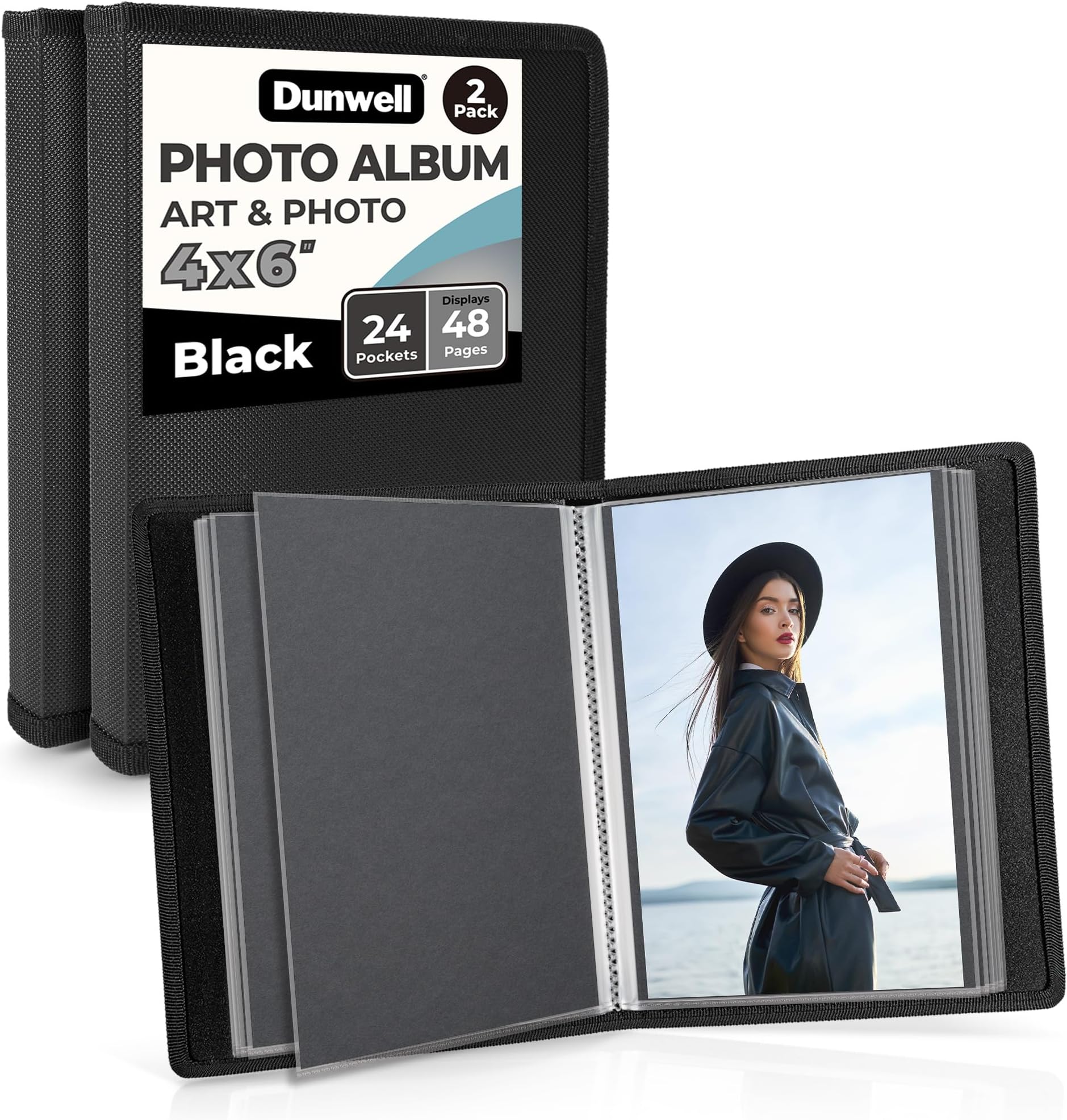 - Dunwell 4x6 Photo Album (2-Pack, Black), Mounting Paper, Small 4 x 6 Art Portfolio Presentation Binder, 24 Clear Sleeves Show 48 Pages, Professional Picture Book for Artwork, Postcards