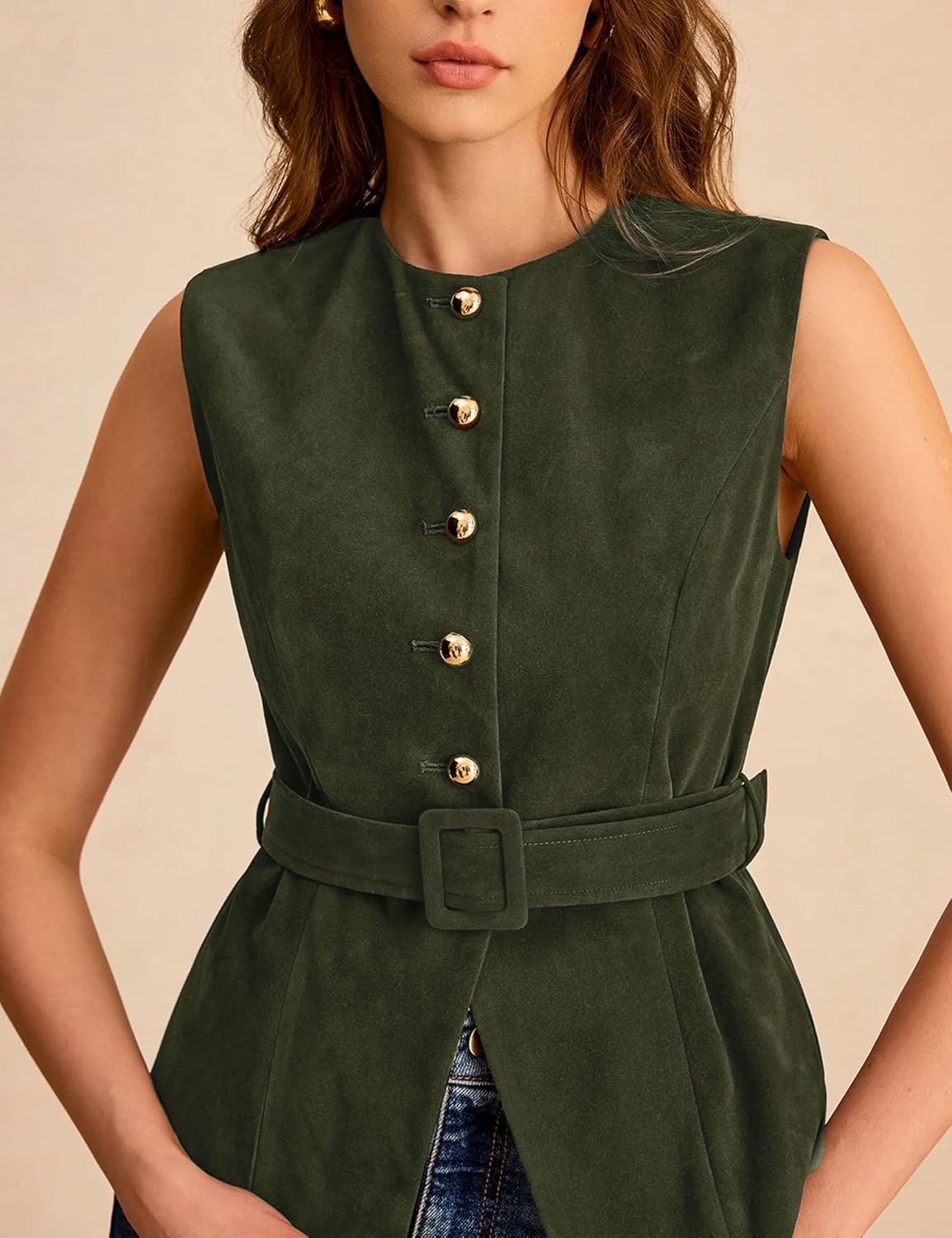 Lentta Womens Suede Vest Crew Neck Sleeveless Button Down Dressy Suit Waistcoat with Belt - Image 3