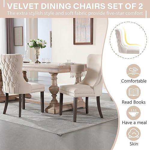 Miniatura 7 de KCC Juego de 2 sillas de comedor de terciopelo tapizadas de alta gama con patas de acero inoxidable con anillo trasero de clavo colección Nikki