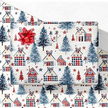 GIOLNIAY Rustic Christmas Wrapping Paper for Kids Adults - Vintage Holiday Gift Wrap with Plaid Farmhouse, Stars, and Pine Trees - 4 Jumbo Sheets, 28" x 40" Each 31 sq. ft ttl, Easy to Store