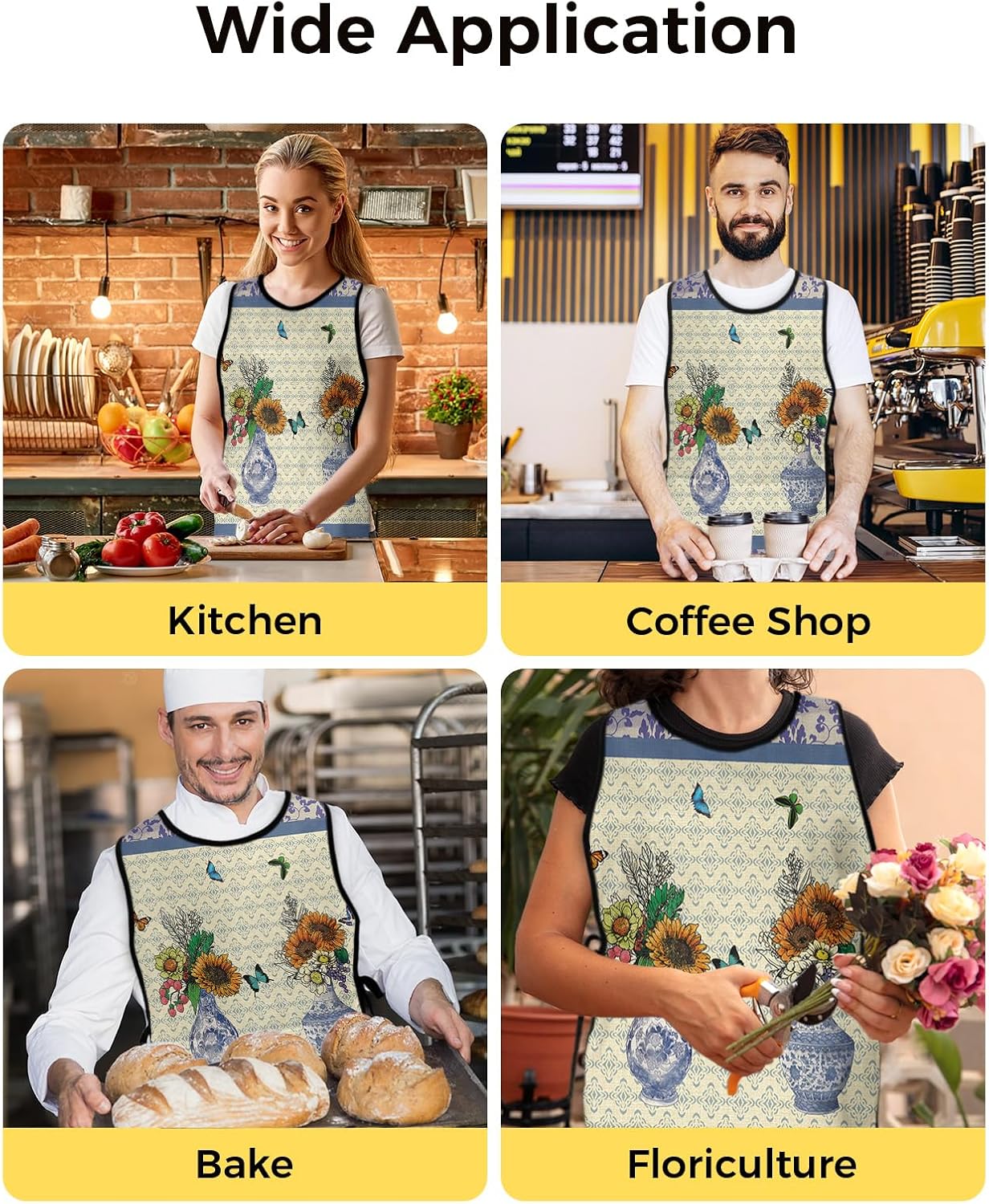 Sunflower Butterflies Cobbler Aprons with 2 Pockets for Women Men, Fashionable Printed Unisex Bib Waterproof Cleaning Smock Vest for Chef Kitchen Vintage Blue Porcelain Tile 2 Packs, 20''x 31.5''