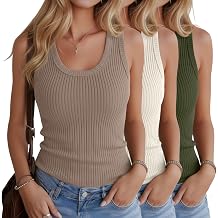 3 Pack Women's Cotton Tanks Ribbed Scoop Neck Sleeveless Shirts Thick Strap Slim Fitted Summer Casual Tee Tops