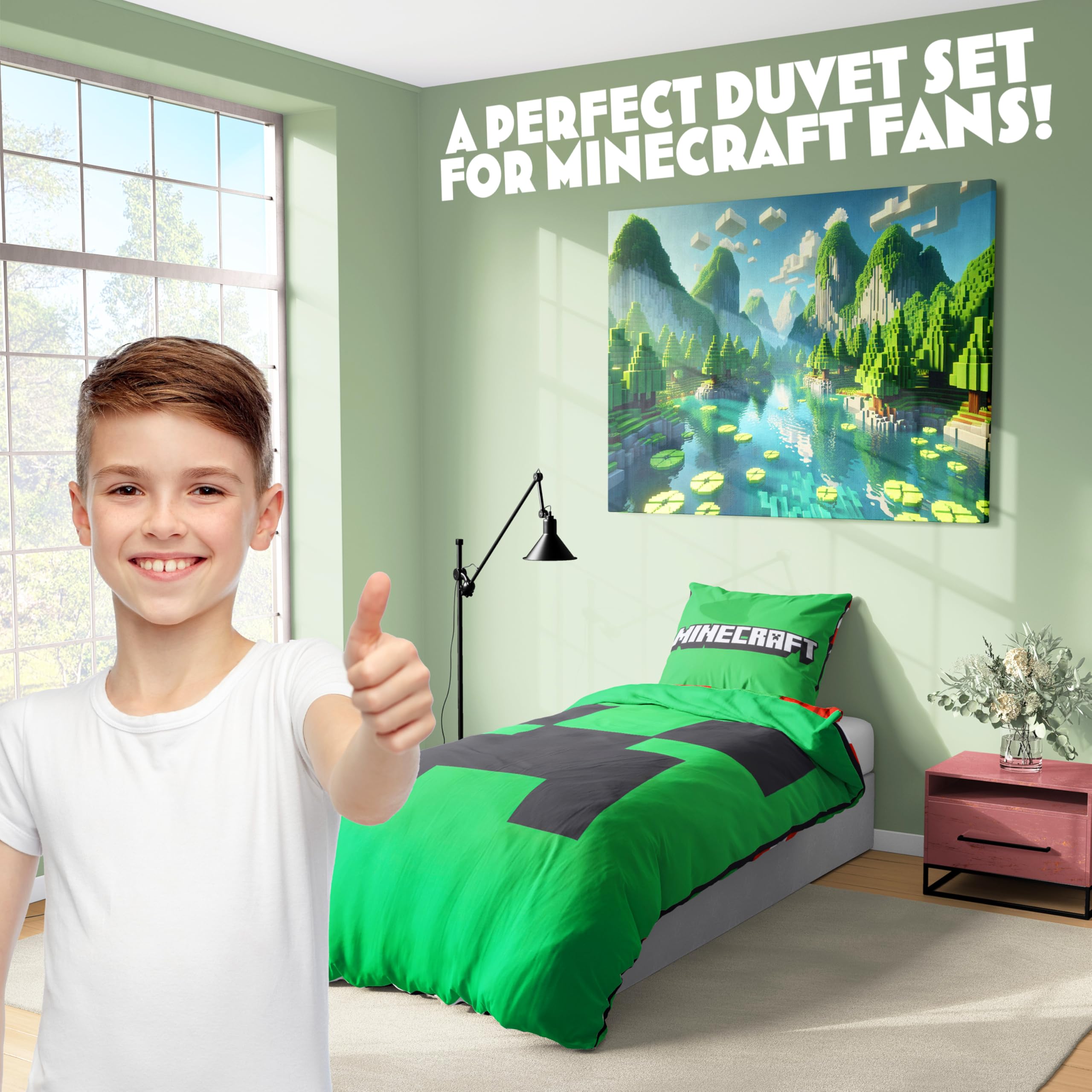 Get Trend Minecraft Pojedynczy zestaw poszewek na kołdrę dla dzieci i nastolatków, dwustronna pościel i poszewka na poduszkę dla chłopców i dziewcząt, akcesoria do sypialni, prezenty anime dla