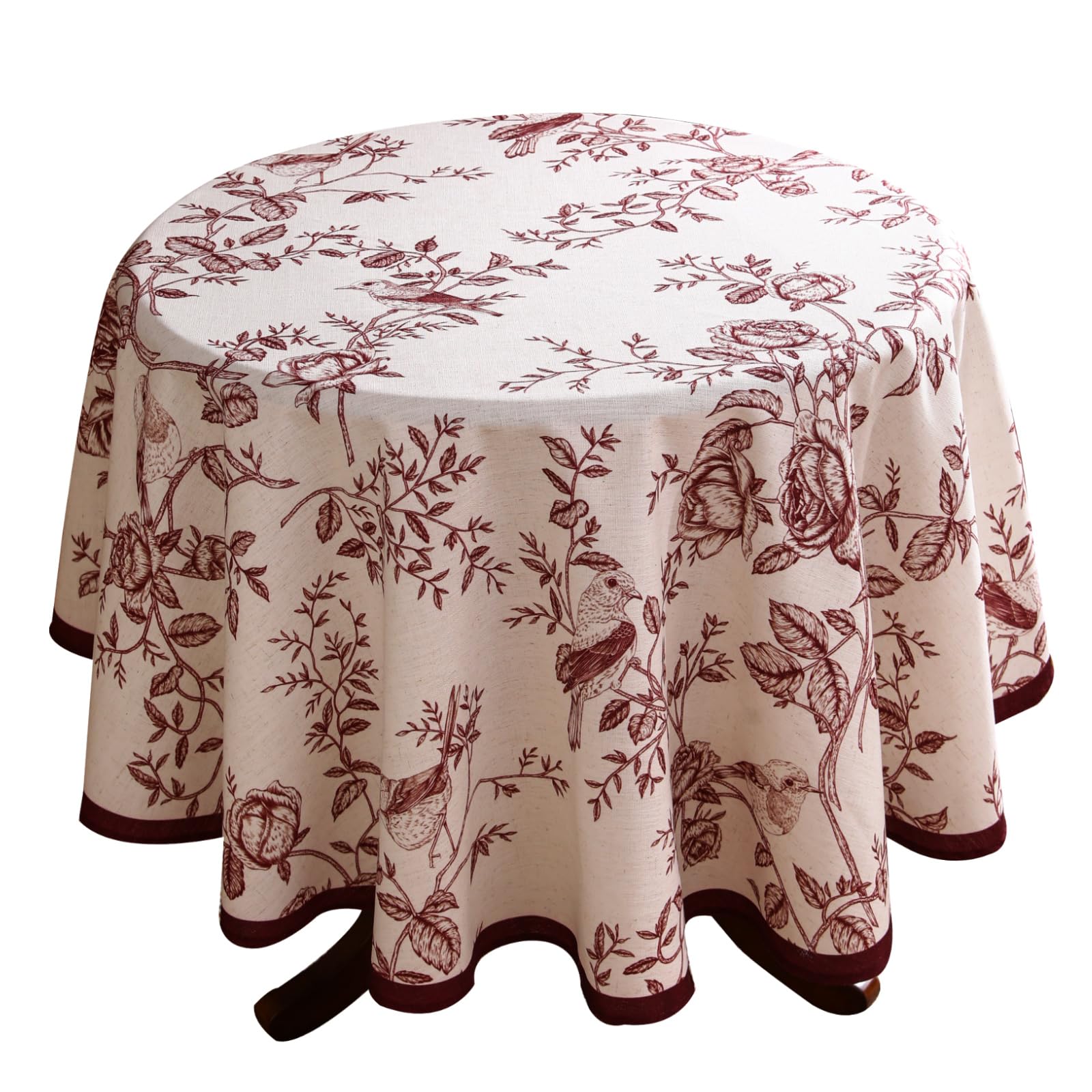 ISAENNE Designer French Linen Round Tablecloth,Diameter 67"-Harmony | Vintage Elegant Beautiful Decoration Table Cloth,Red Floral and Bird Pattern,Heavy,Dining,Tea Party,Kitchen,Thanksgiving-image-1