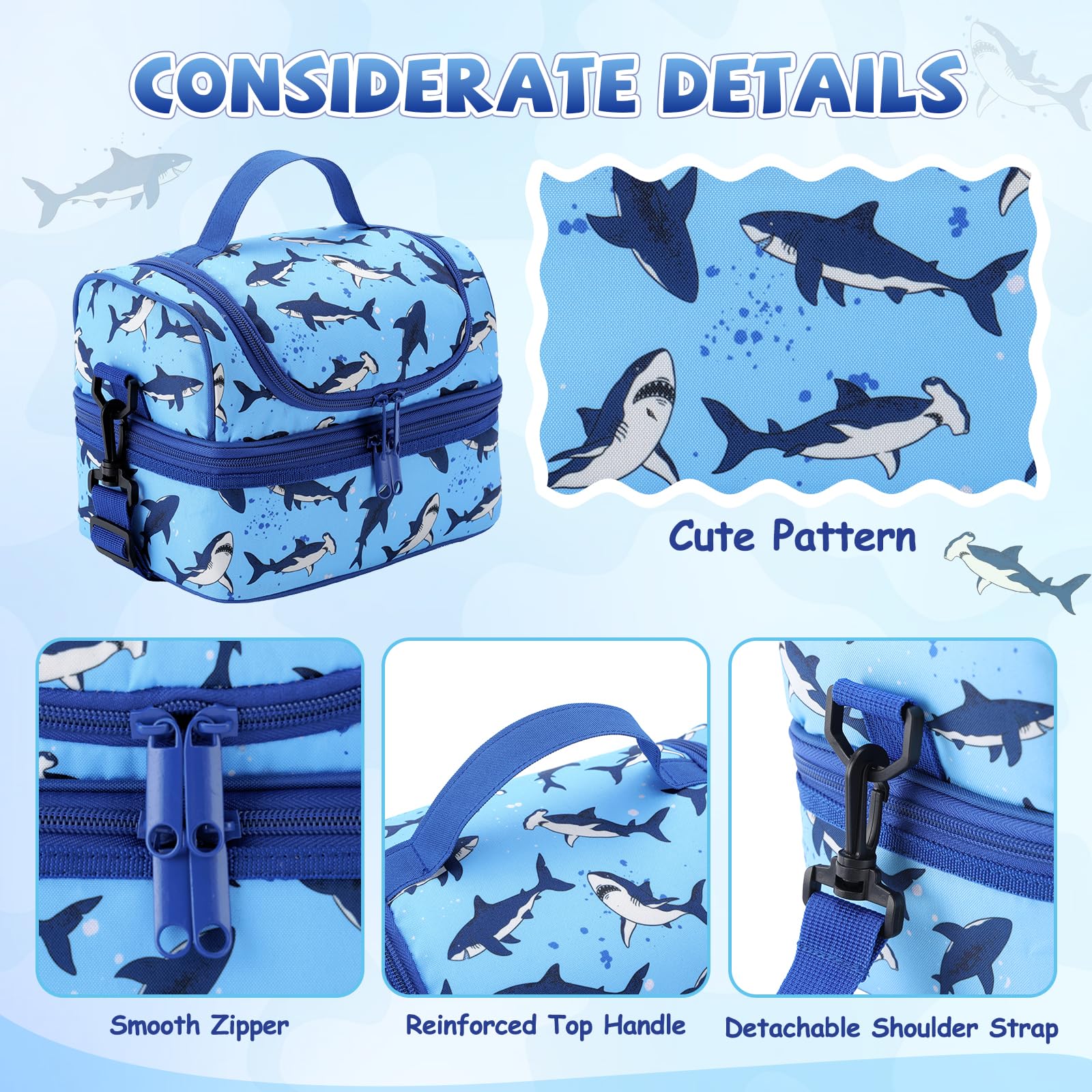 Lunch Bag for Kids,ChaseChic Insulated Lunch Boxes Bag Lightweight Water-Resistant Cooler Bag for Boys Girls in Dual Compartment Leak-Proof Lunch Organizer Blue Shark - Image 3
