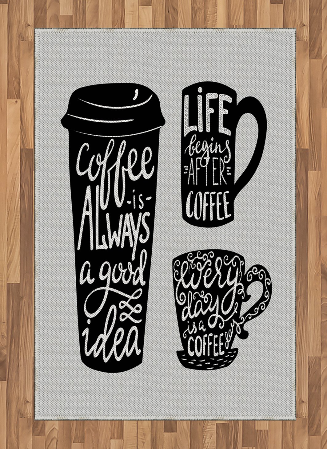 Ambesonne Coffee Area Rug, Words About Coffee with Take Away Mug Cup Silhouette Drinking Addiction Theme, Flat Woven Accent Rug for Living Room Bedroom Dining Room, 4' X 5' 7", Pale Grey Black