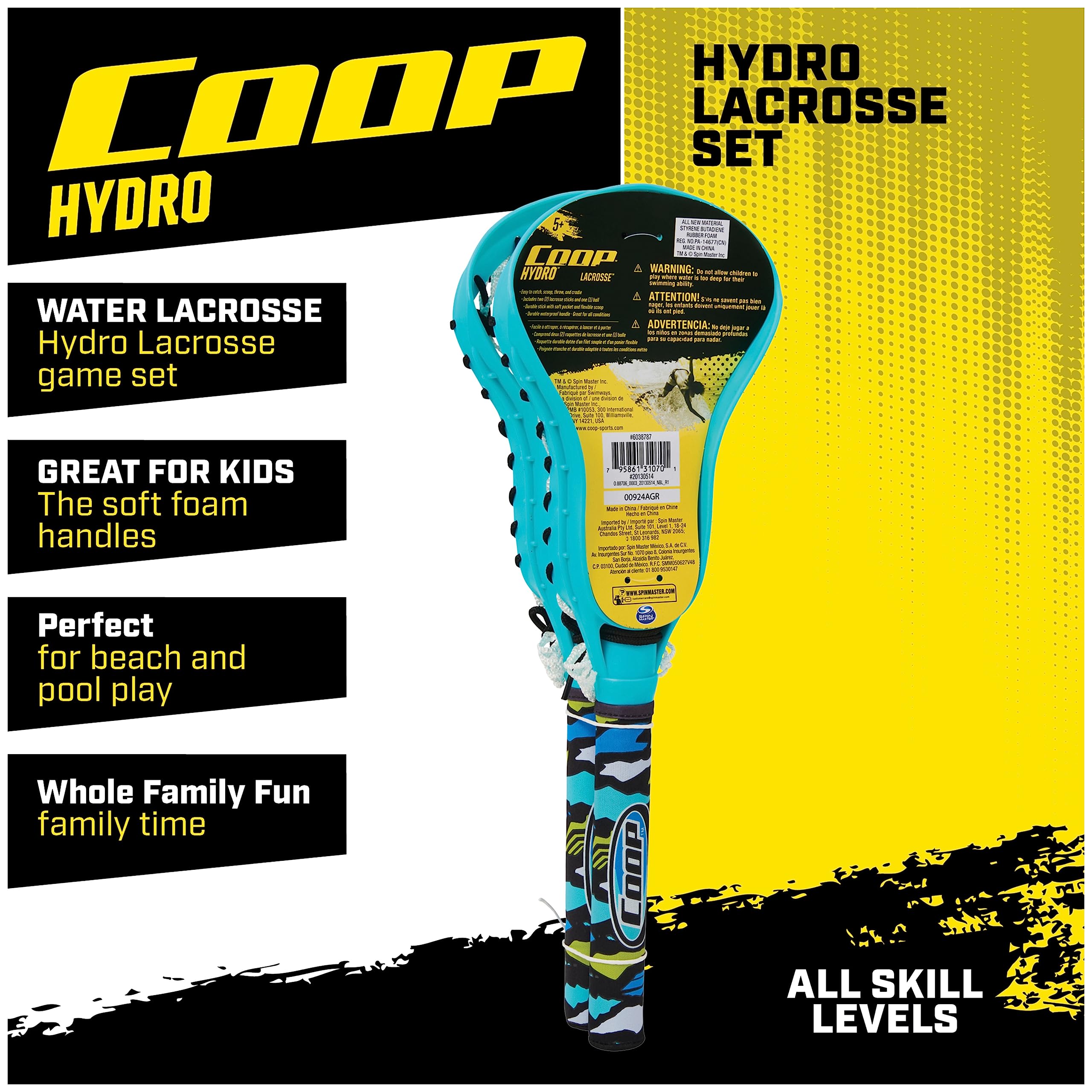 The Coop by SwimWays Hydro Lacrosse set featuring two blue sticks and a yellow ball, ready for aquatic backyard fun.