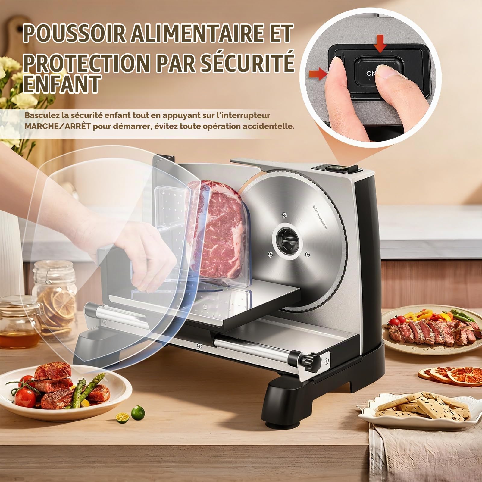 Moongiantgo Trancheuse Électrique, 19cm Lame*2, Epaisseur Réglage de 0-18mm | Amovible Lame en Acier Inox, 200W, Sécurité Enfant, pour Viande, Fromage, Pain, Jambon & Légumes, Domestique Usage