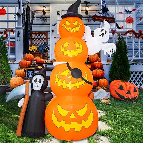 Miniatura 8 de Decoraciones inflables de Halloween de 8.5 pies de alto para exteriores, calabazas inflables gigantes con fantasma y parca inflable de Halloween con