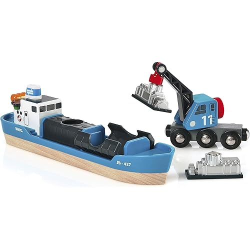 BRIO World - 33534 Container Ship and Crane Wagon | 4 Piece Train Toy Accessory for Kids Age 3 and Up