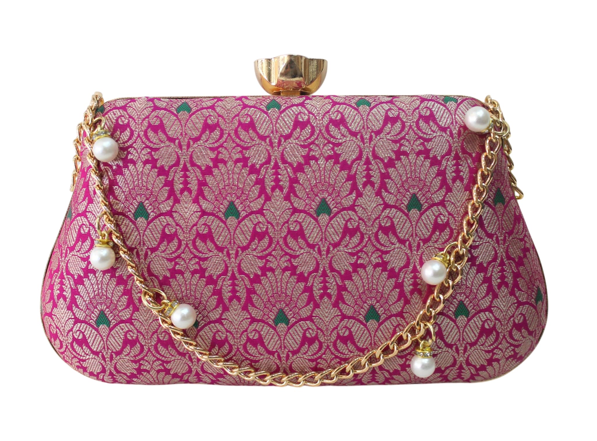 Pure Banarasi Clutch Silk Brocade Bag Purse Women's handbag with Pearl Tassels Handle Weddings-image-9