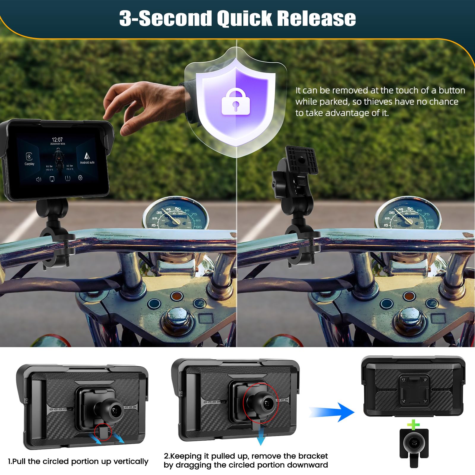 CAMECHO Motorrad Carplay Navi Bildschirm mit Drahtlosem Carplay Android Auto IP68 Wasserdichter Navigationsgeräte, 5 Zoll Touchscreen Bluetooth Display für Motorräder mit Android Cast Airplay