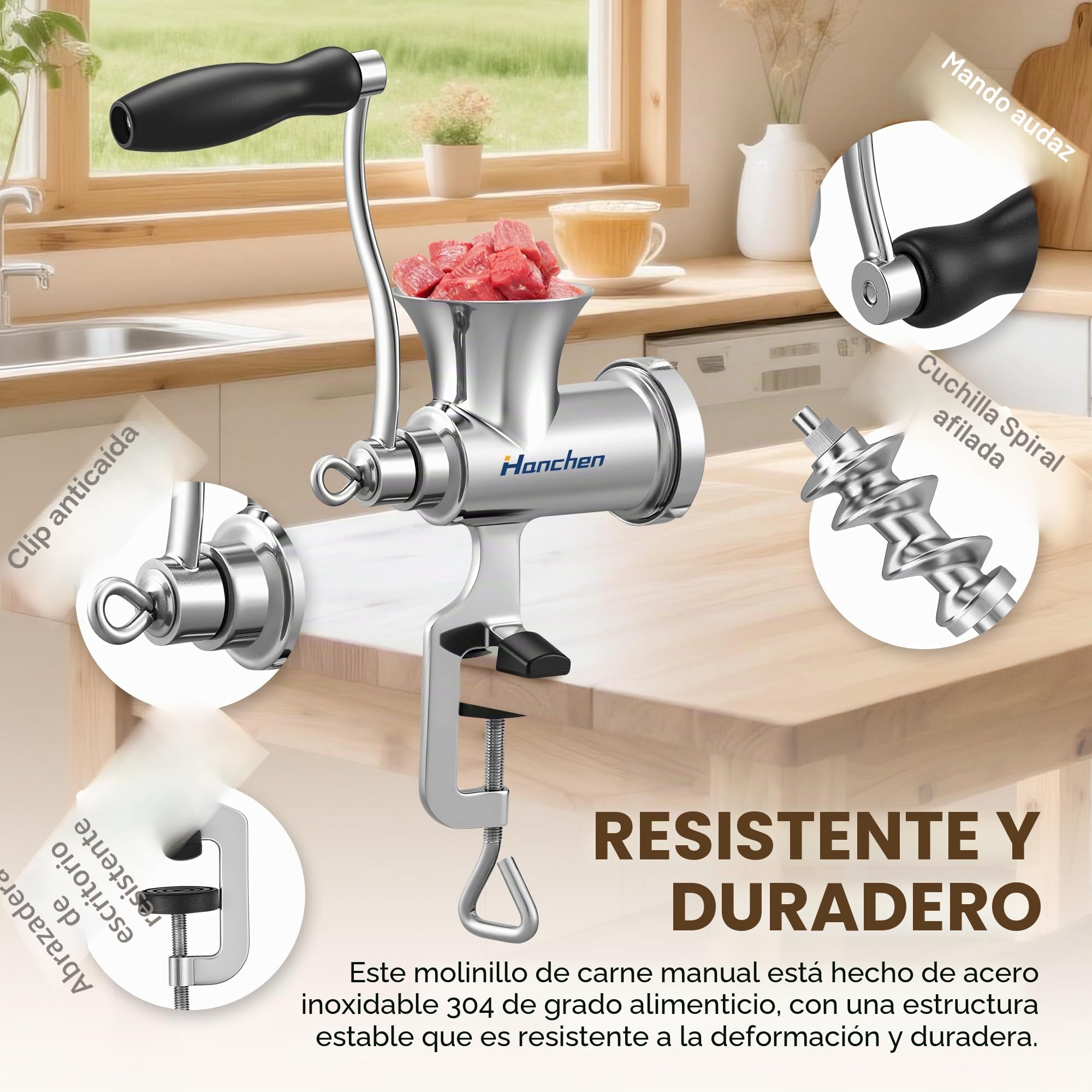 Hanchen Picadora de carne manual de acero inoxidable Nº 5, picadora de carne con relleno de salchichas, máquina de carne manual con placas de corte de 8 mm y 4,5 mm