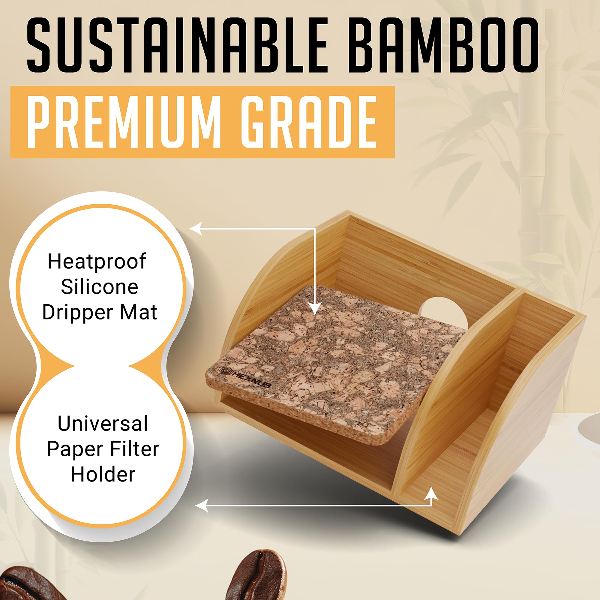 Organizador y tapa para cafetera, soporte de bambú para jarras de café Chemex, Bodum, Cosori, alfombrilla resistente al calor, soporte de filtro para cafetera de goteo, tapete de corcho 5