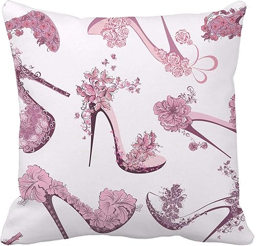 Awowee Funda de almohada con patrón rosa para mujer, zapatos de tacón alto, flores y mariposas, 18 x 18 pulgadas, funda de almohada cuadrada