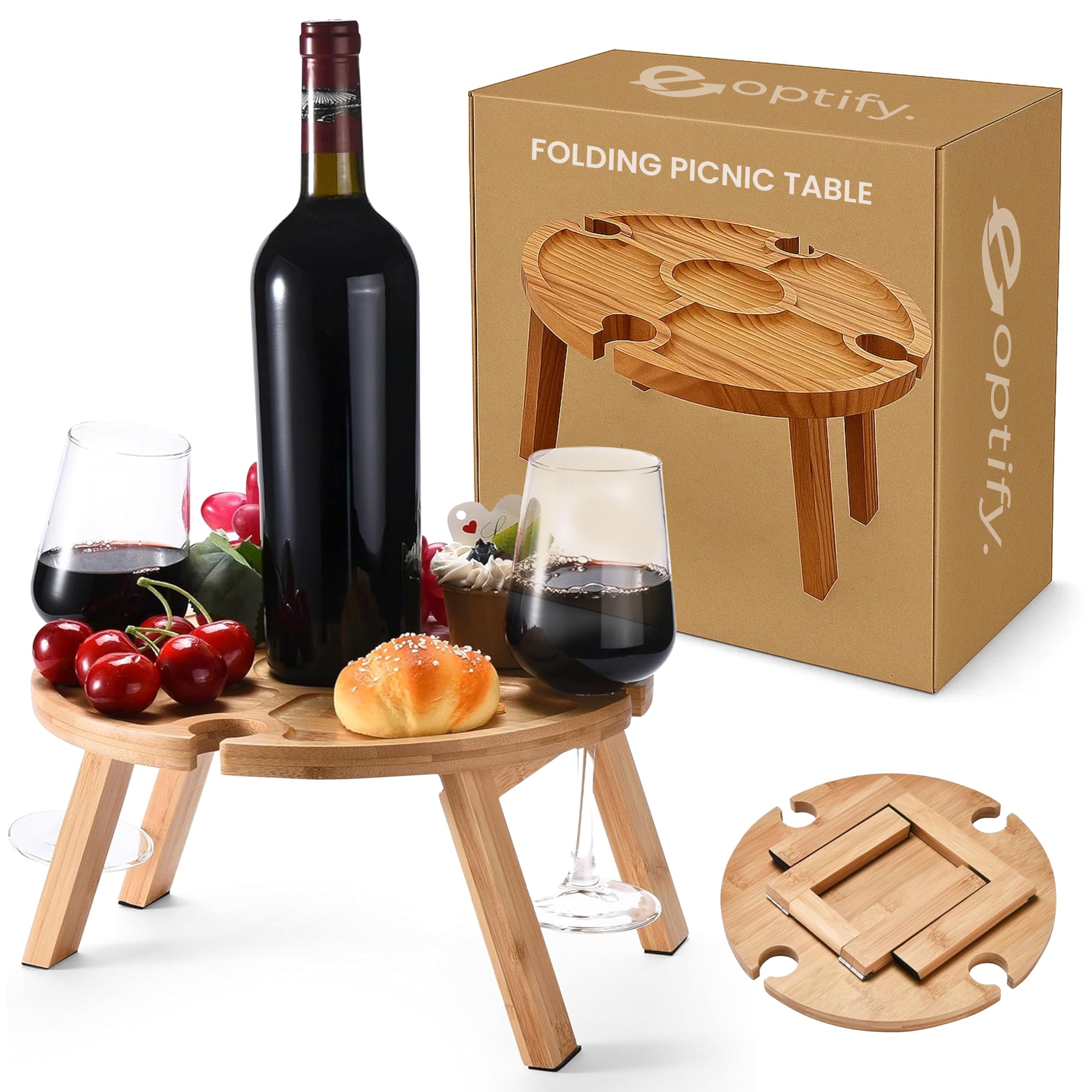 Outdoor Folding Picnic Table, Portable Mini Wooden Beach Table with Divider with 4 Wine Glass Holder, Table for Garden, Camping, Party, Beach, Outdoor Dinner, Wooden Table with Foldable Legs