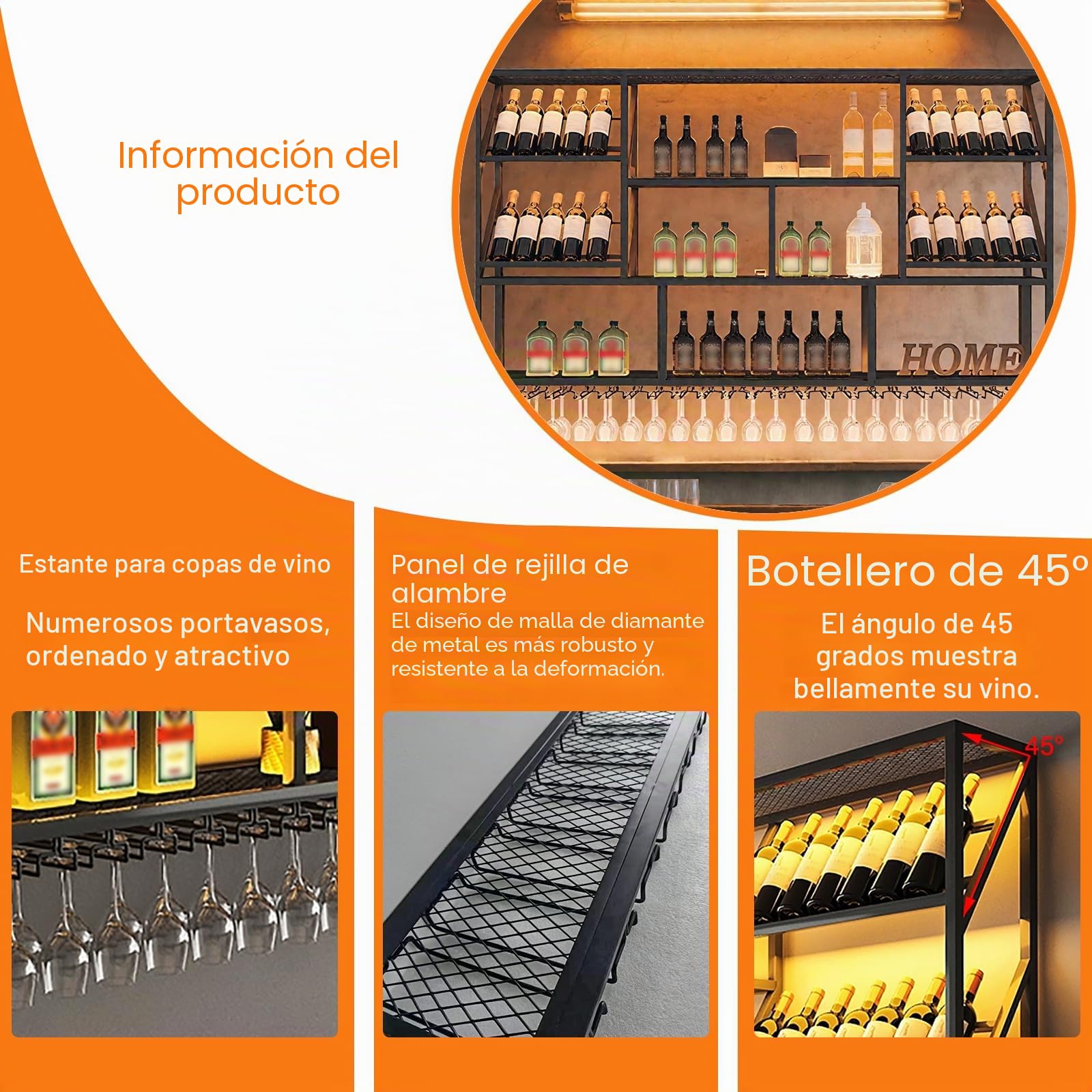 Estante para Vino Montado en la Pared, Soporte Industrial para Bar de Licor de 3 Niveles Copas, Estante Colgante de Metal para Exhibición de Botellas de Vino, Decoración para el Hogar (130cm)