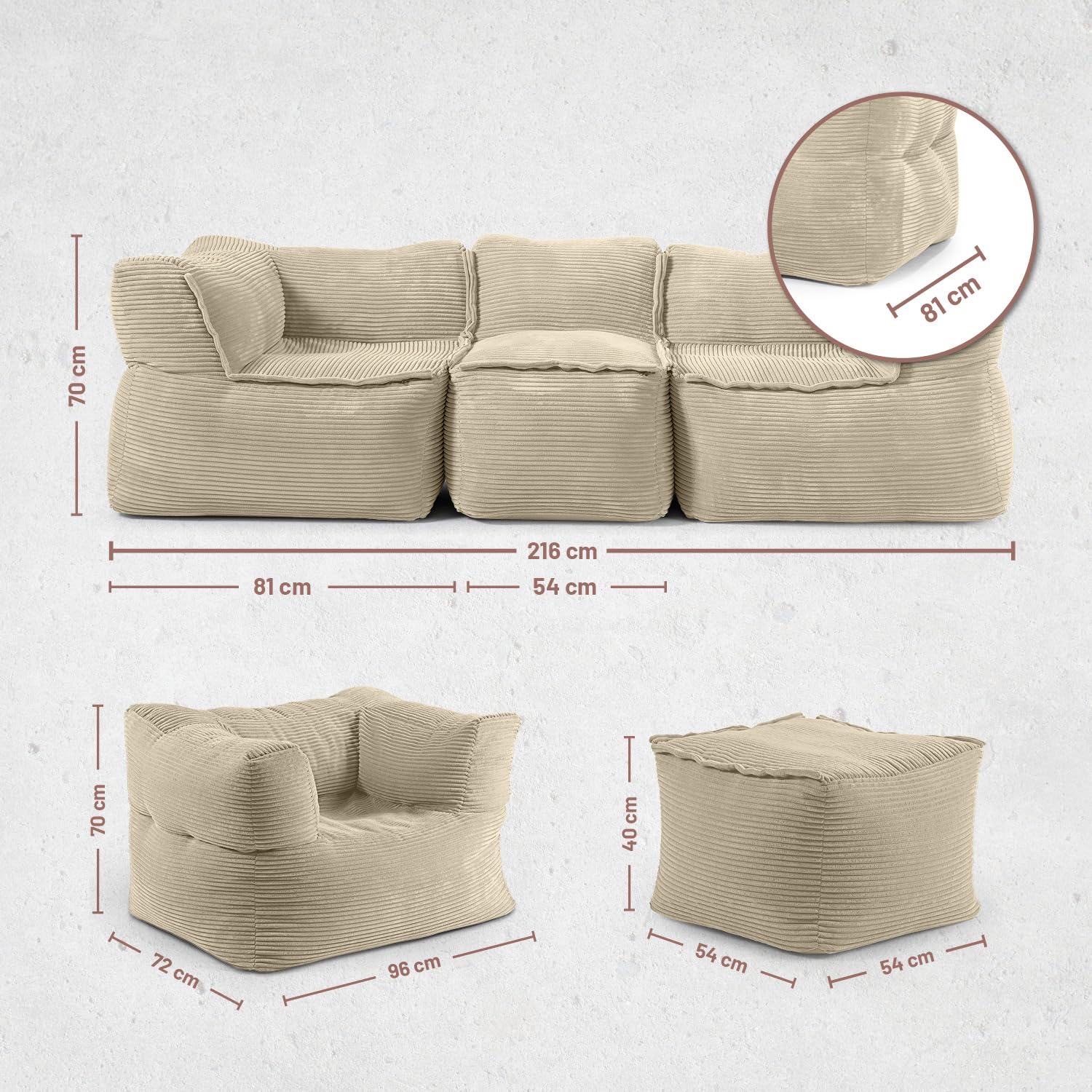 LUMALAND Ensemble modulaire basique en velours côtelé - Canapé avec fauteuil et pouf - 5 sacs d'intérieur avec rembourrage - Canapé modulaire avec perles EPS - Coussin d'assise XXL pour salon, chambre