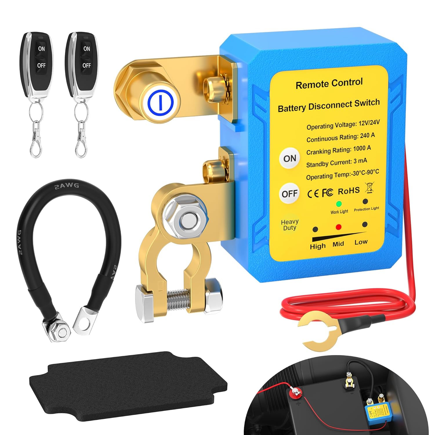 Joinfworld Kill Switch for Car 12V 240A Remote Battery Disconnect Switch Car Anti Theft Kill Switch Automatic Battery Shut Off Switch for with Remote Control Fobs for Truck Auto Boat