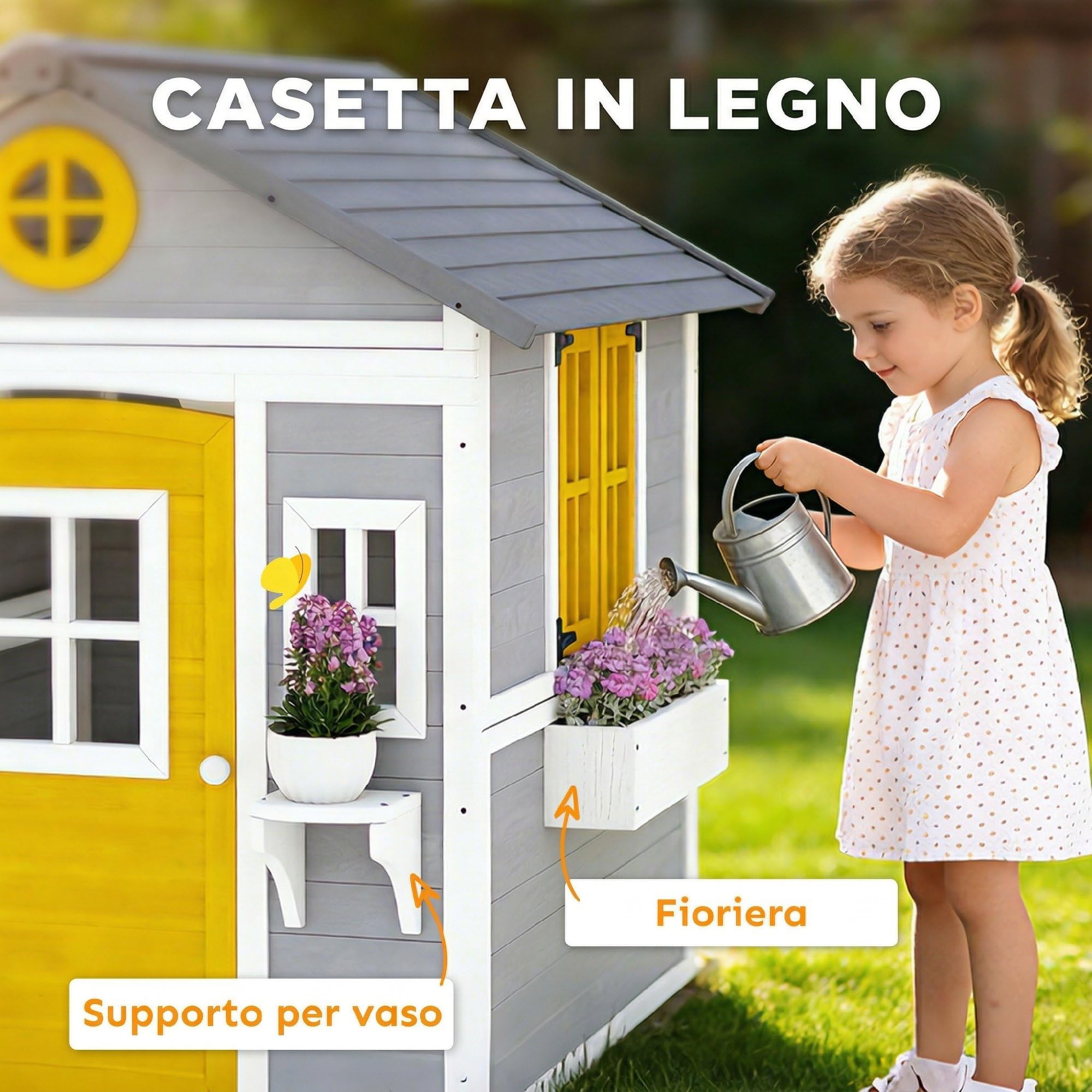 Outsunny Casetta in Legno per Bambini 3-8 Anni, Casetta da Giardino per Bambini con Finestre, Tetto Inclinato, Vasi e Fioriere, Grigio, Giallo, Bianco