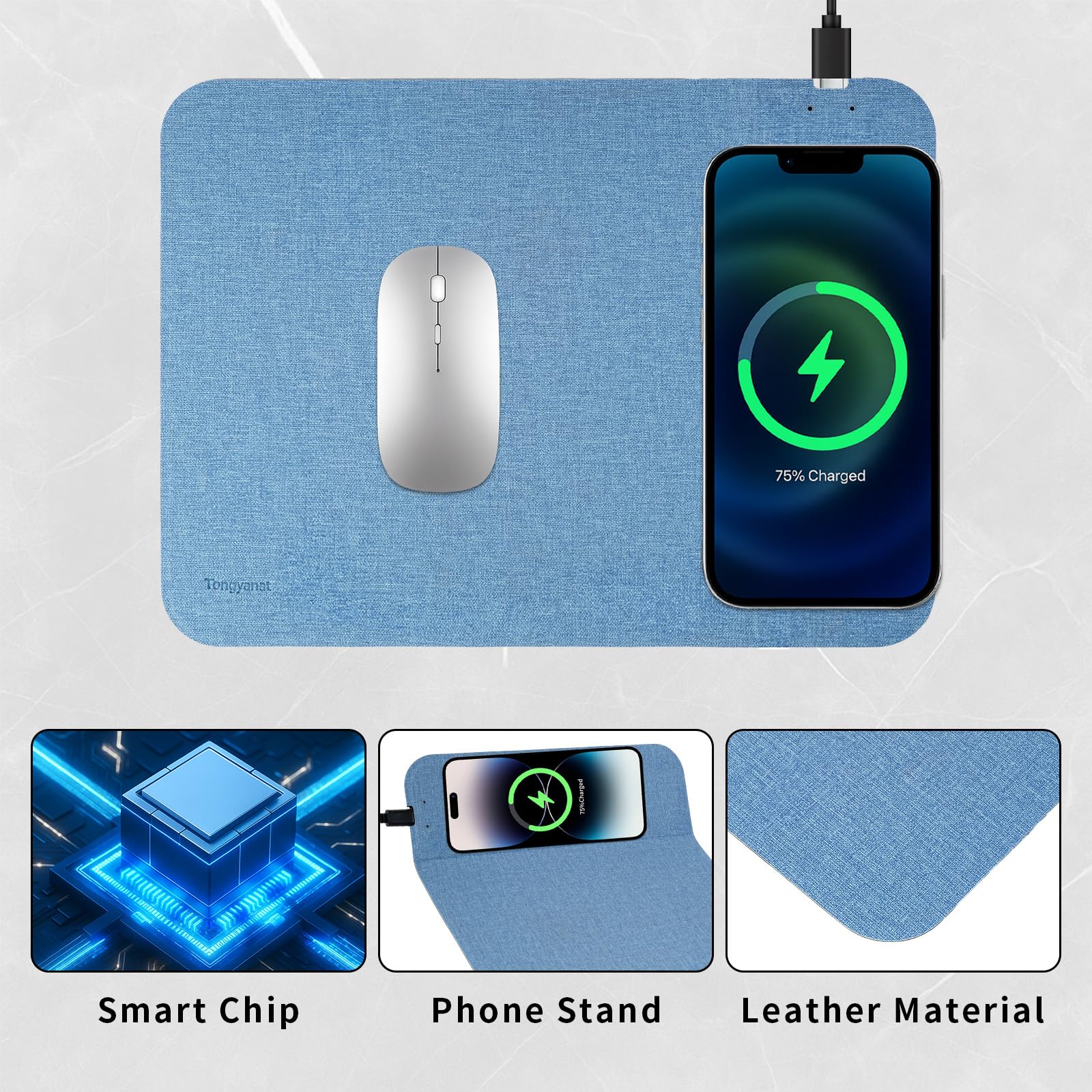 Tappetino per mouse con ricarica wireless veloce, 15 W, tappetino per scrivania da ufficio con superficie ultra liscia base in gomma antiscivolo, tappetino per mouse impermeabile per computer/ufficio