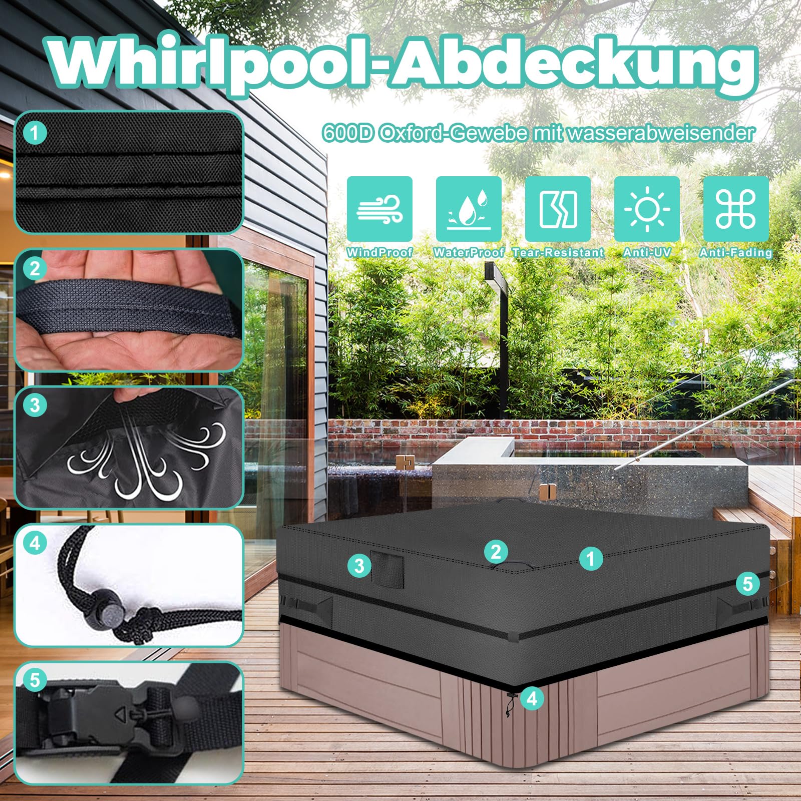 EKQSGLC Bache Spa ImperméAble, 600D Couverture Spa, Housse De Protection pour Bain à Remous Étanche à la poussière et aux UV Coupe Vent - Noir (220 * 220 * 85cm EKQSGLC Bache Spa ImperméAble, 600D Couverture Spa, Housse De Protection pour Bain à Remous Étanche à la poussière et aux UV Coupe Vent - Noir (220 * 220 * 85cm
