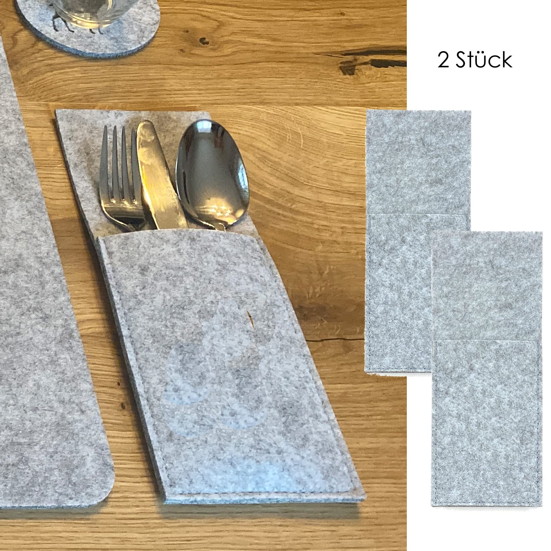 12x Bestecktaschen 'Mit Liebe Gekocht' - Filz Tischdeko Grau