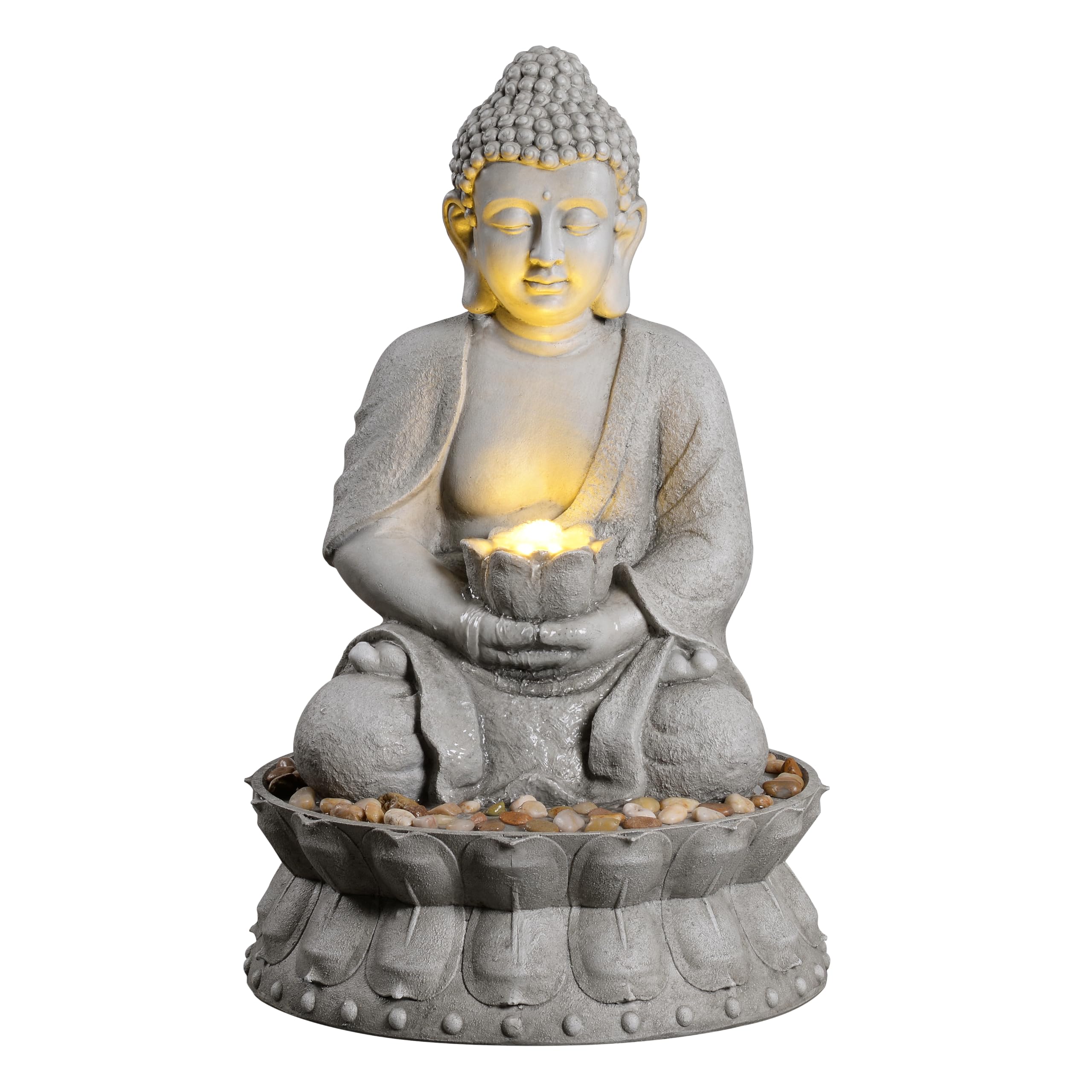 Fontaine à eau de Bouddha d'extérieur Zen avec lumière LED pour jardin, décoration d'intérieur, statue de Bouddha relaxante avec base lotus, pour femme